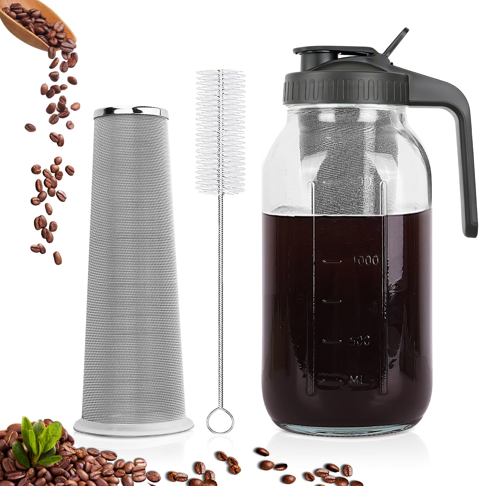 Cold Brew Coffee Maker,64 oz Mason Jar Pitcher with Stainless Steel Filter, Pour Spout Handle Lid, Heavy Duty Glass Airtight & Leak-Proof for Iced Coffee,Tea & Lemonade