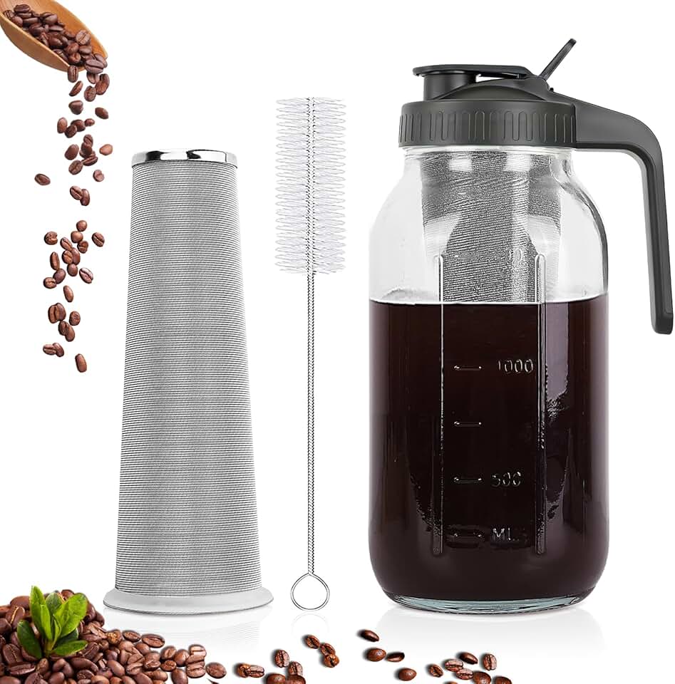 Cold Brew Coffee Maker,64 oz Mason Jar Pitcher with Stainless Steel Filter, Pour Spout Handle Lid, Heavy Duty Glass Airtight &amp; Leak-Proof for Iced Coffee,Tea &amp; Lemonade