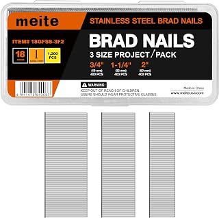 meite 18 Gauge Brad Nails in Stainless Steel, Assortment Kit 3 Sizes (3/4", 1-1/4", 2-Inch) Finish Nails for Pneumatic, Electric 18GA Brad Nail Gun Nailer, Multi-Project Pack 1,200-Count