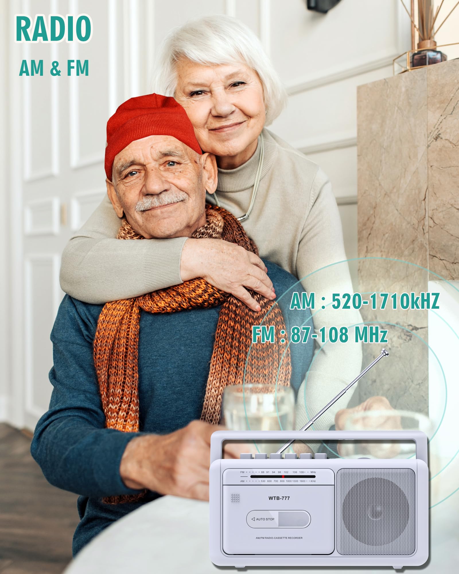 Baladeur Cassette,Lecteur de Cassettes Portable, Radio stéréo AM/FM vintage avec Bluetooth, USB, prise casque, enregistreur cassette portable pour la maison ou l'extérieur
