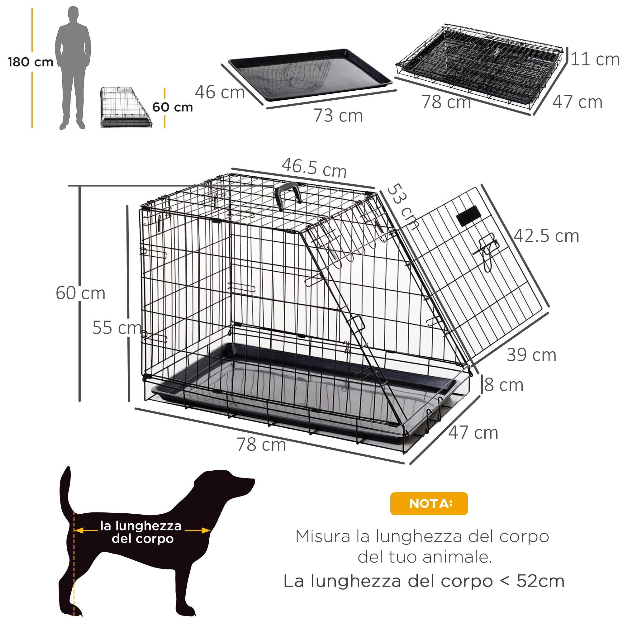 PawHut Trasportino per Cani in Metallo e PP, Gabbia per Cani a Trapezio per Auto con Maniglia, 77x47x55cm Nero