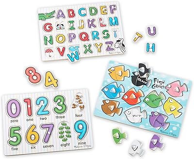 Melissa & Doug Classic Wooden Peg Puzzles (Set of 3) - Numbers, Alphabet, and Colors - Toddler Learning Toys, Alphabet And...