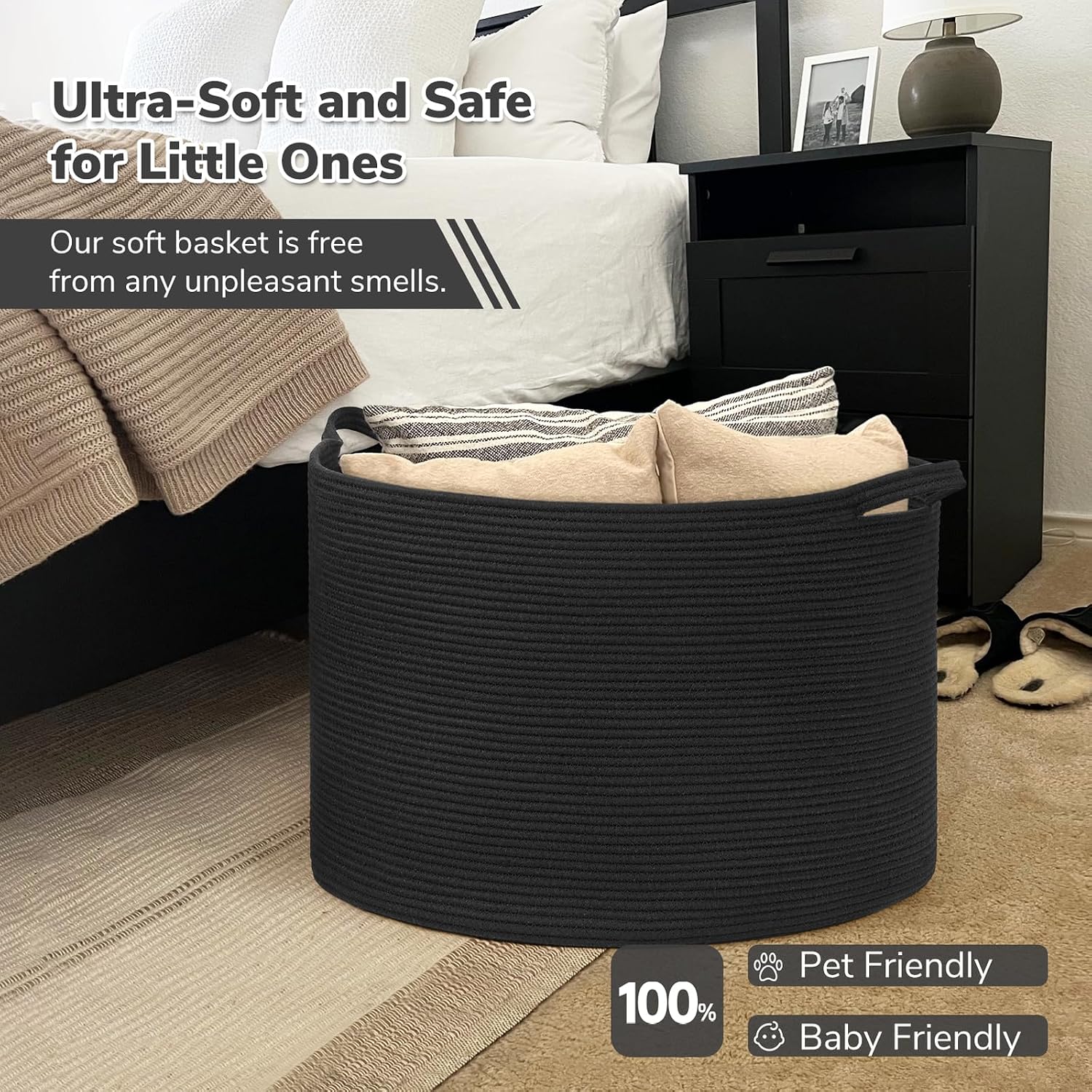 INDRESSME 115L Extra Large Black Blanket Basket, Dog Toy Bin Shoe Baskets Toy Box Organizer for Kids Decorative Laundry Basket for Home & Living Room, Black