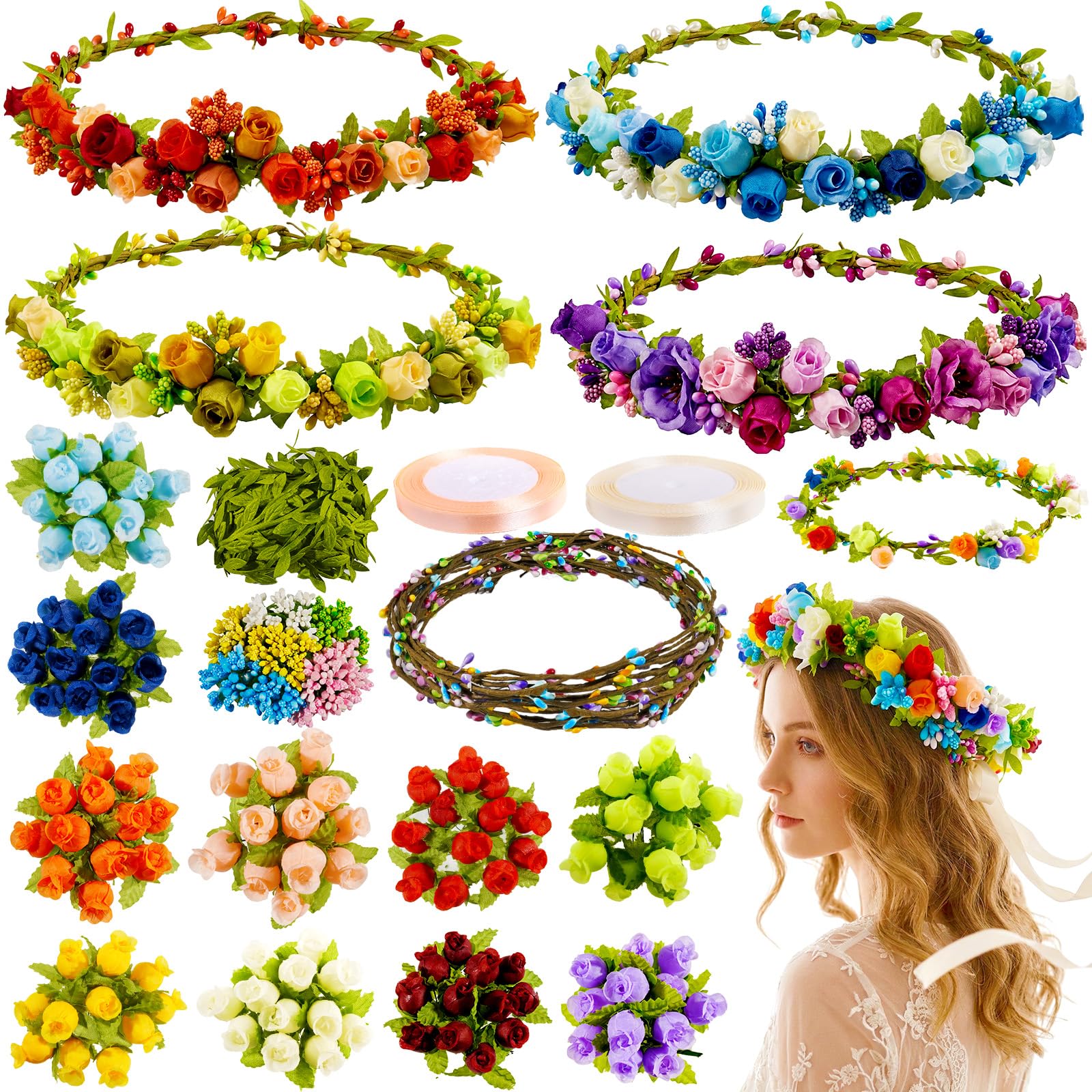 Photo 1 of Pattyeer 213Pcs(30 Set) DIY Flower Crowns Making Kit, Handmade Floral Crown Garland Wreath Craft Kit, Make Your Own Flower Hair Accessories Gift for Women