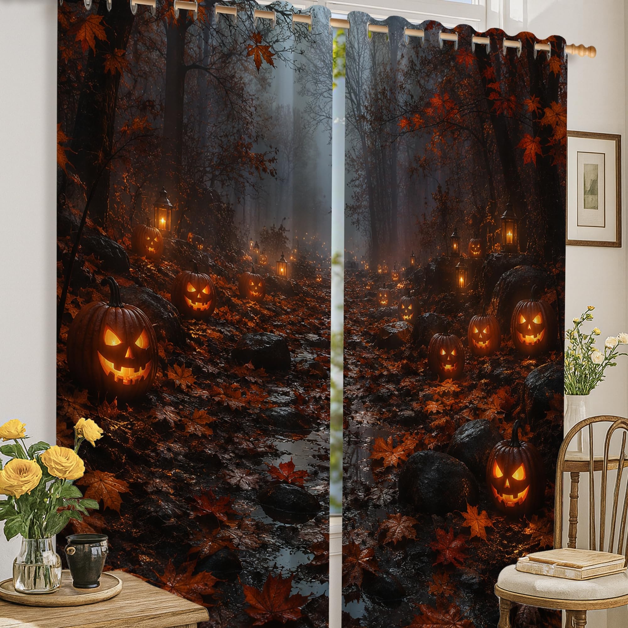 Rideaux occultants motif citrouilles Halloween orange 132x160 cm