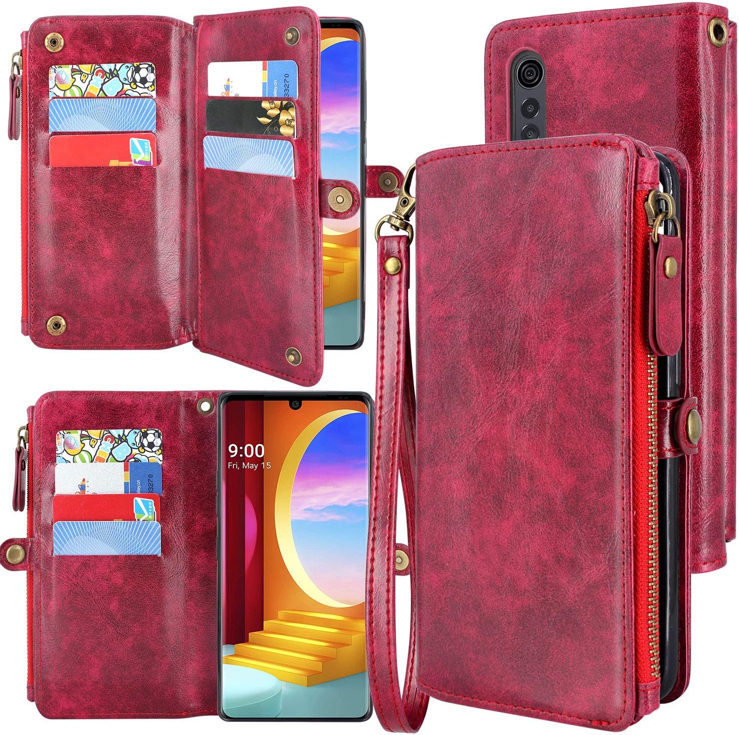 Harryshell [10 Card Slots with [Block Theft Card Scanning] Function, PU Leather Flip Wallet Case Cover with Zipper Pocket Wrist Strap Kickstand for LG Velvet 5G (Wine Red)