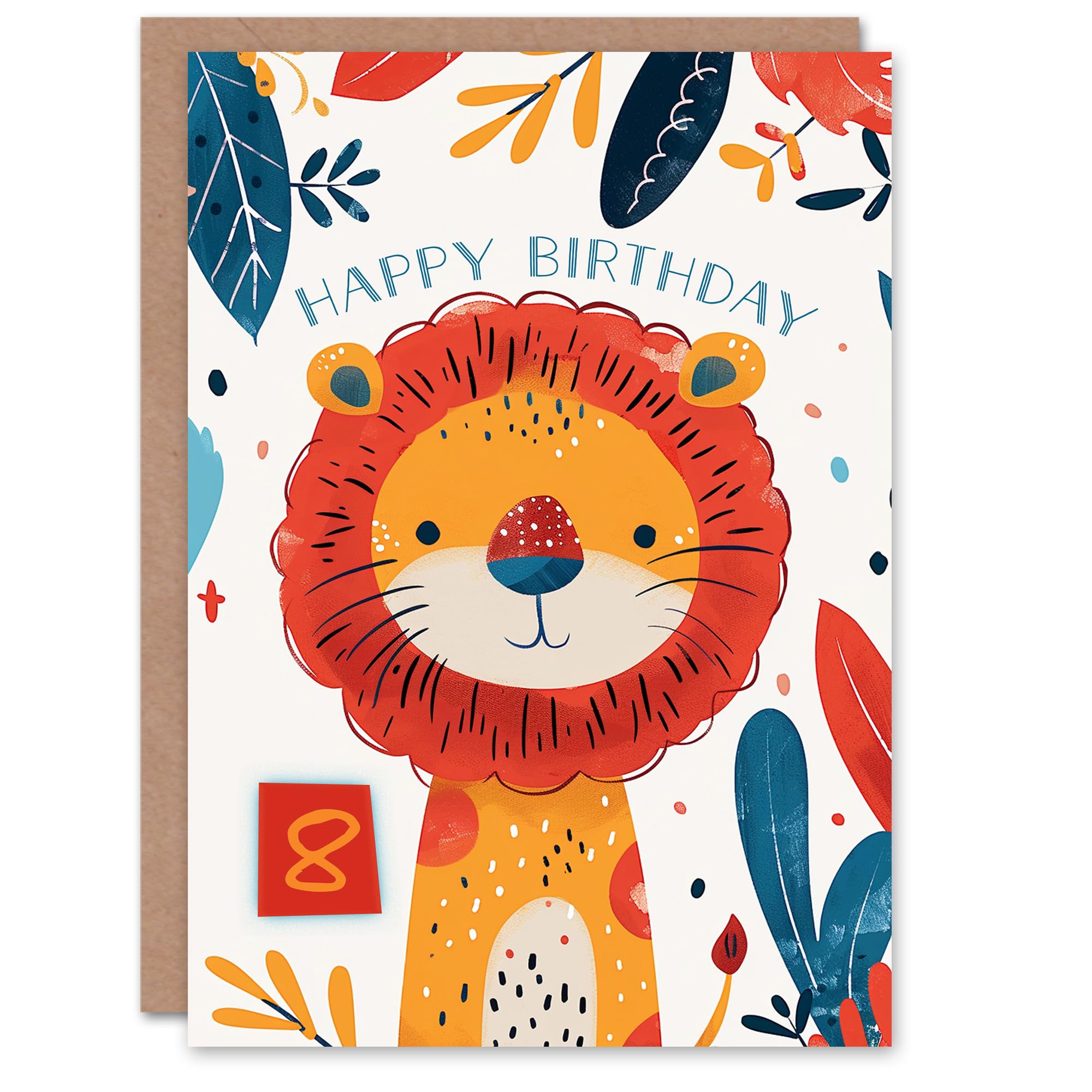 Artery8 Birthday Card Cute Jungle Lion Bright Cartoon Drawing 8th 8 Year Old For Child Kids Son Daughter Greeting Card
