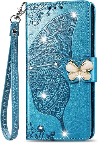 ONV Wallet Flip Case forr iPhone 11 Pro 5.8" Butterfly Shinny Blue