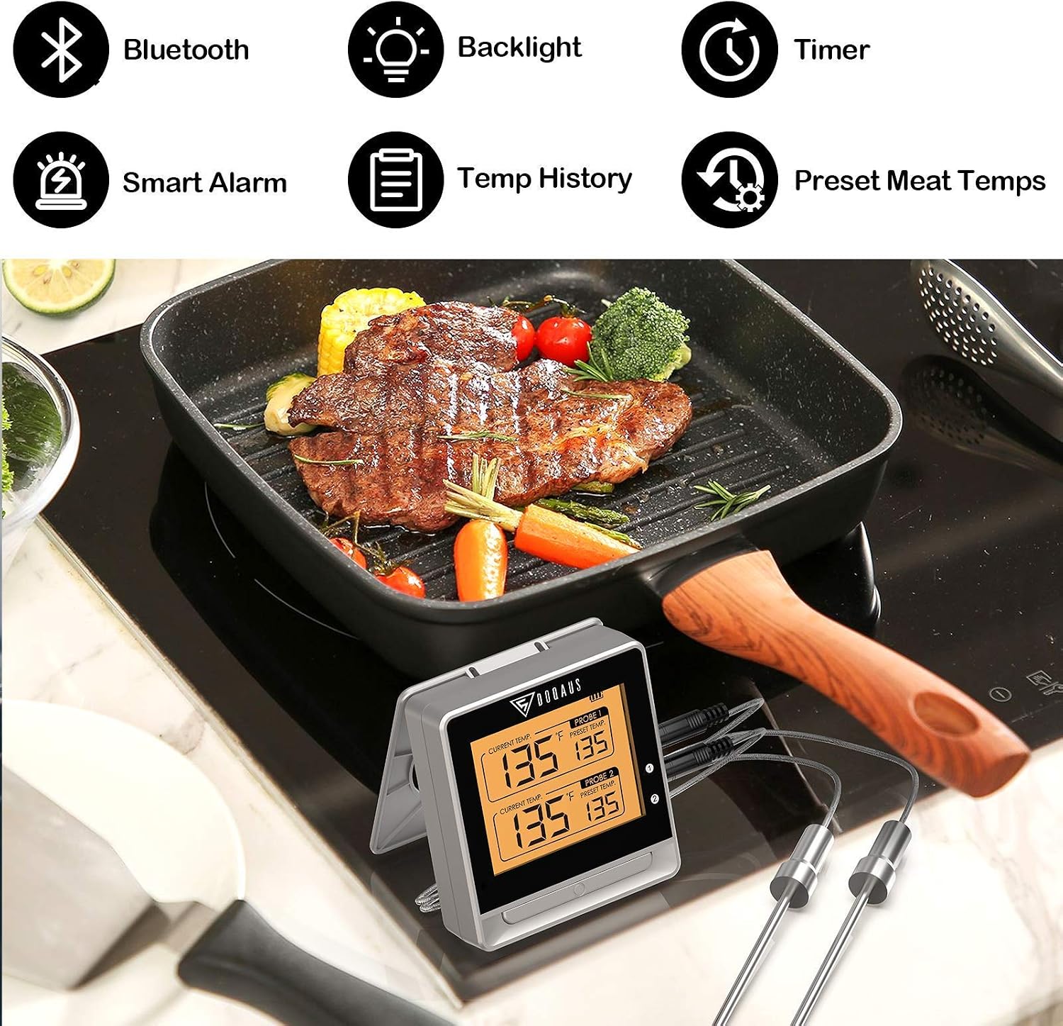 DOQAUS Bluetooth Meat Thermometer for Grilling, Wireless Meat Thermometer with 2 Probes, 197ft Remote BBQ Thermometer with Smart Kitchen Timer and Backlight for Smoker, Oven, Grilling, Turkey