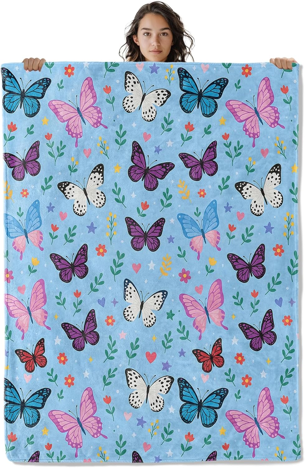 Vibrant Butterfly Blanket, Colorful Garden Flowers Theme 50 x 40 Inch Flannel Throw Blanket, Gifts for Women Kids, Lightweight Cozy Warm Blankets for Sofa Travel Home Decor