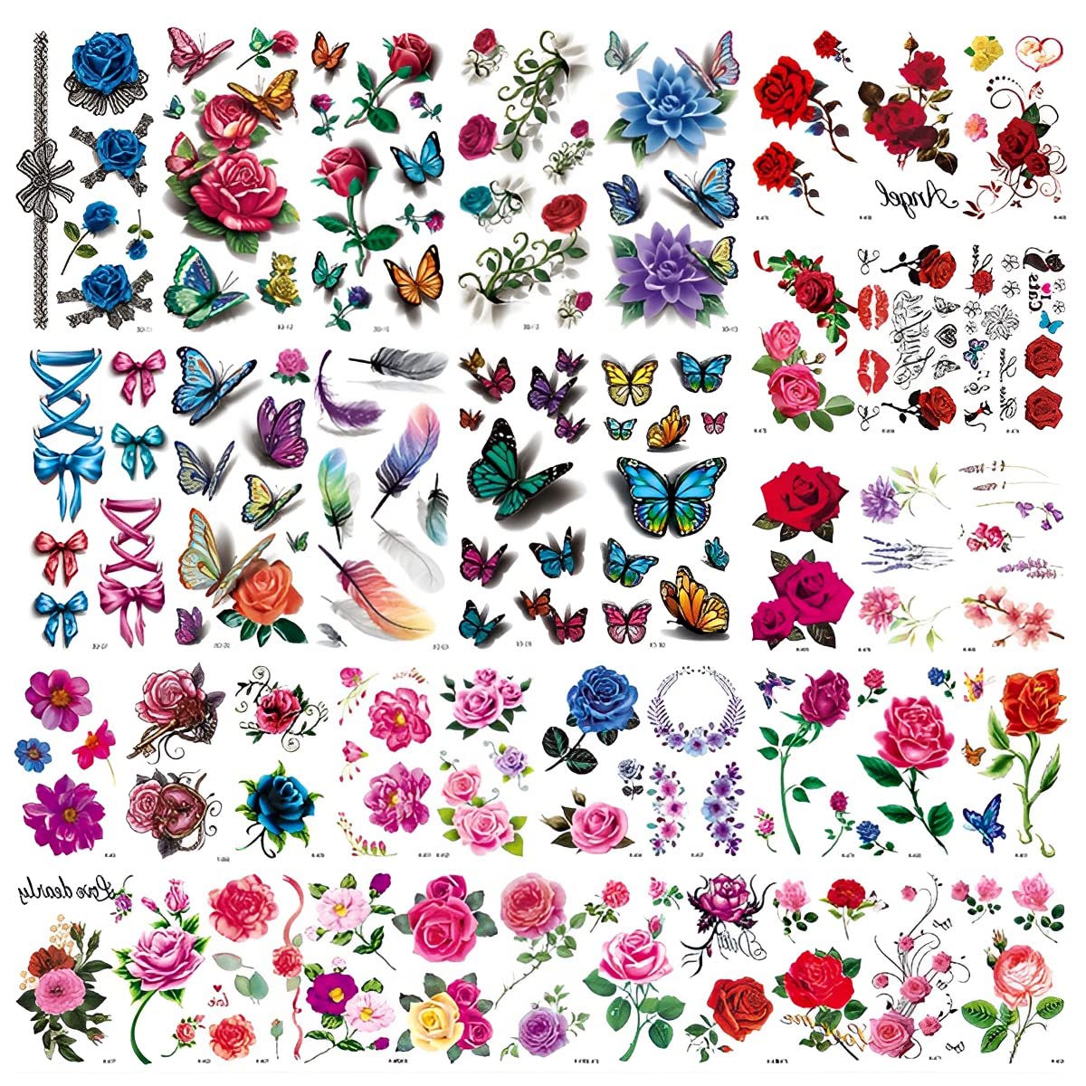 MAYCREATE® 40 Sheets Waterproof Temporary Tattoos Sticker for Women Color Flowers Tattoo Sticker Temporary Tattoos Stickers Roses Butterflies Assorted Tattoo Sticker for Arm-image-32
