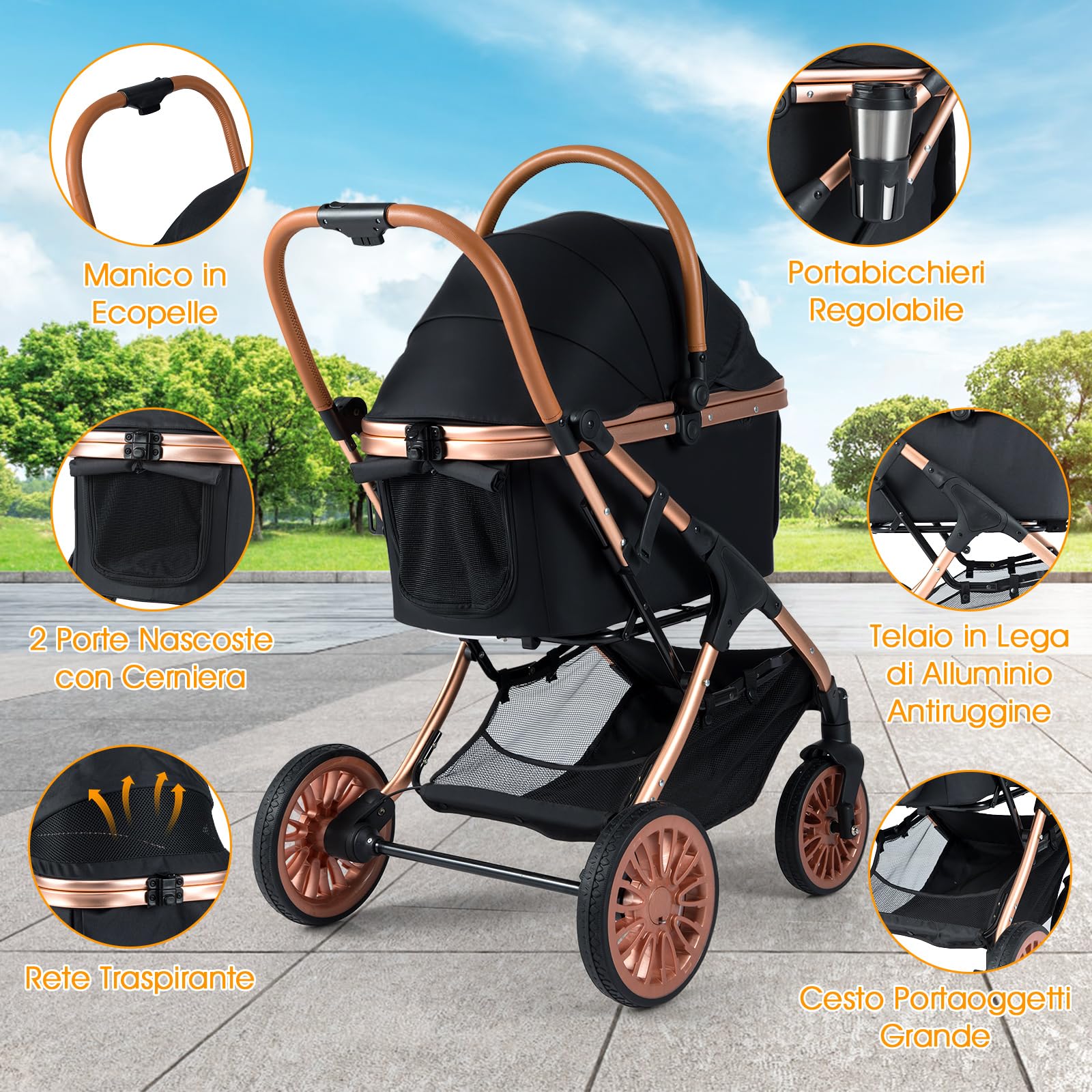 COSTWAY Passeggino Pieghevole per Cani 3 in 1, Carrozzino per Animali con Portapacchi Rimovibile, Tettuccio, Cuscino Rimovibile, Cintura di Sicurezza, Cestino e Portabicchiere, Portata 25 kg