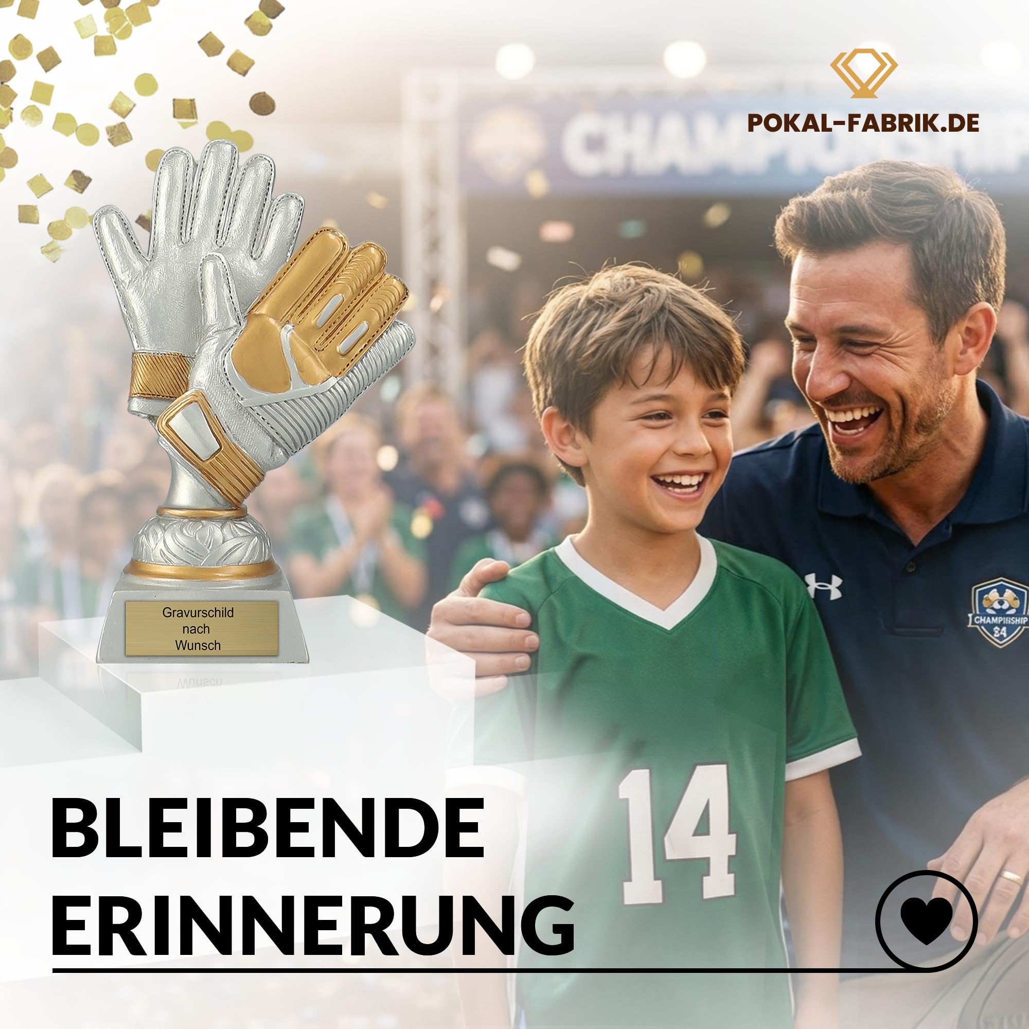 Pokal-Fabrik - Torwart-Handschuhe Fussball Pokal mit Gravur Wunschtext - Gold/Silber Trophäe 17 cm – personalisierte Auszeichnung für Fußball WM, Sport Events & Wanderpokal