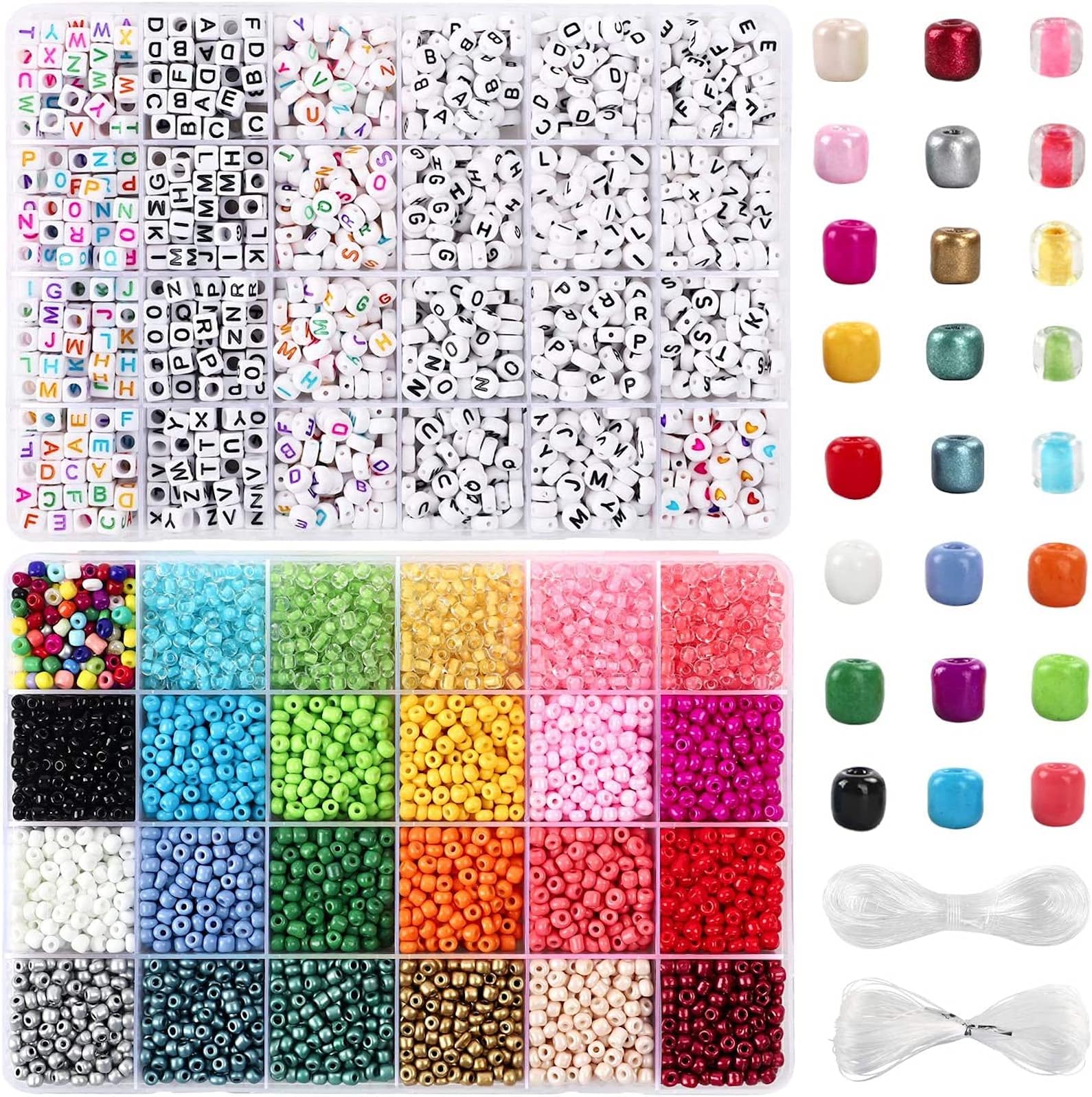 7600pcs Friendship Bracelet Kit Including 6000pcs 4mm Glass Seed Beads and 1600pcs Letter Beads for Bracelet Making, Jewelry Making and Crafts with 20m Crystal String and 30m Elastic String