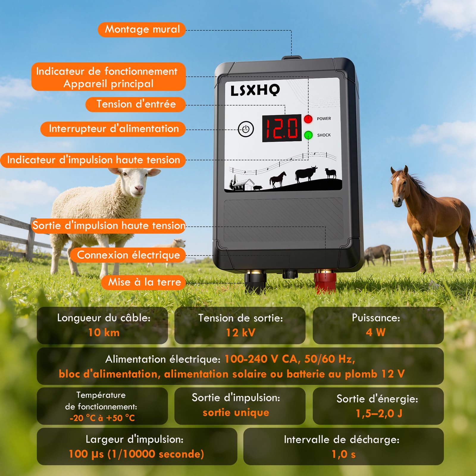 Clôture Électrique 10 km Pour Bétail Et Animaux, Électrificateur 12 kV 2.0 J Avec Câble De Clôture 200 m & 50 Isolateurs Annulaires, Protection Pour Jardin, Pâturage Et Ferme (Kit Noir)