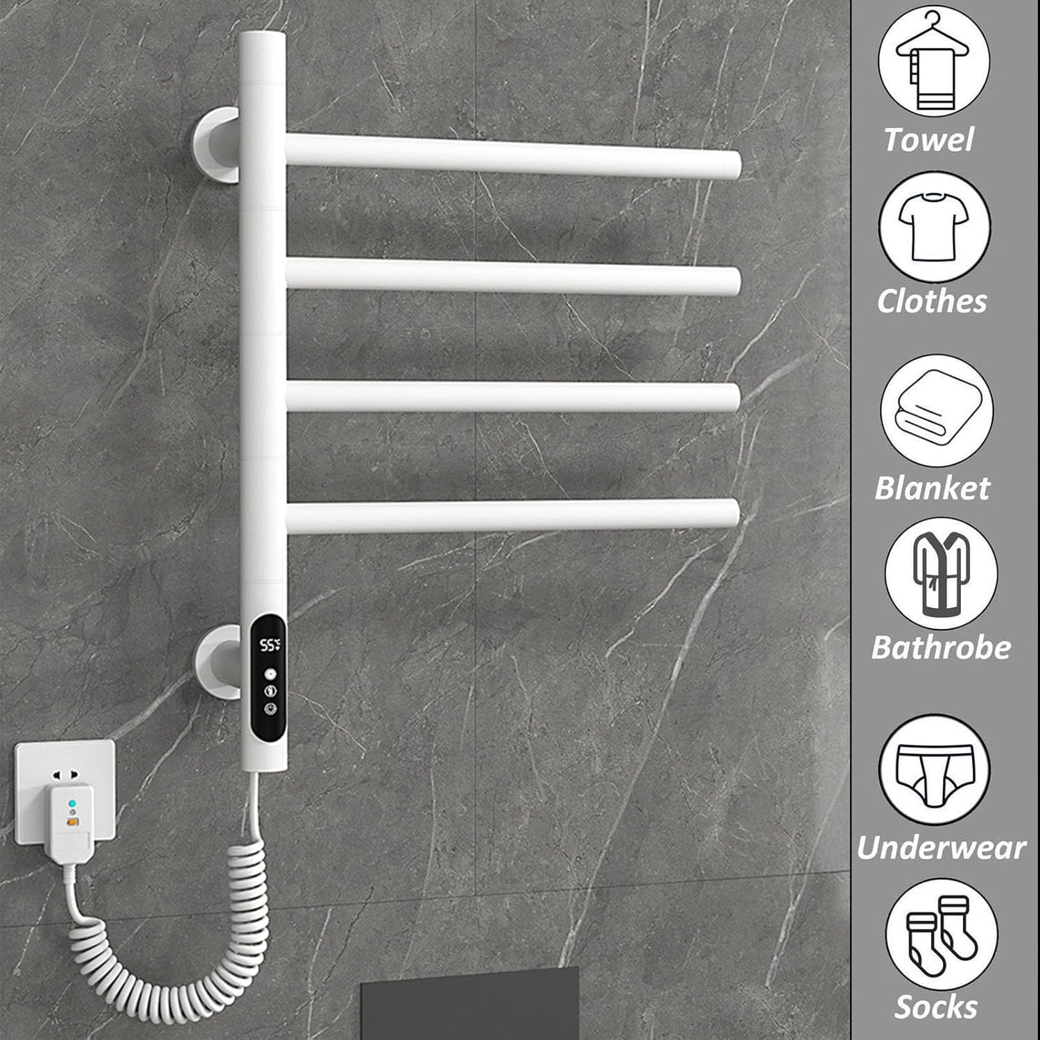 Stainless Steel Electric Towel Warmer Rack - White Wall-Mounted Heated Towel Drying Rack with Timer 4 Rotating Rods for Bathroom Convenience