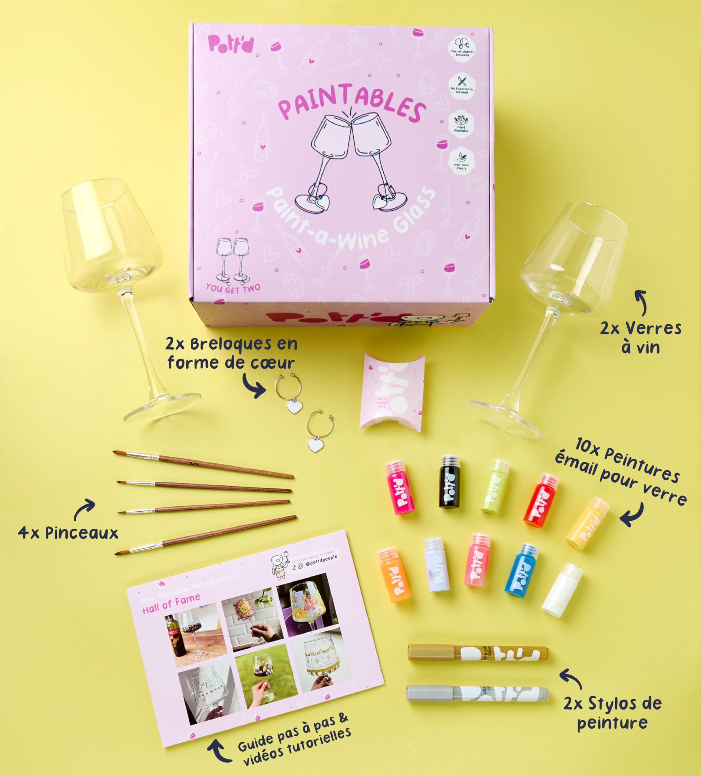 Pott’d Paintables Kit de Peinture sur Verre à Vin DIY pour Adultes Avec Verres à Vin, Peintures Émaillées, Pinceaux, Stylos et Breloques, Kit Créatif pour Adultes, Idéal pour Débutants