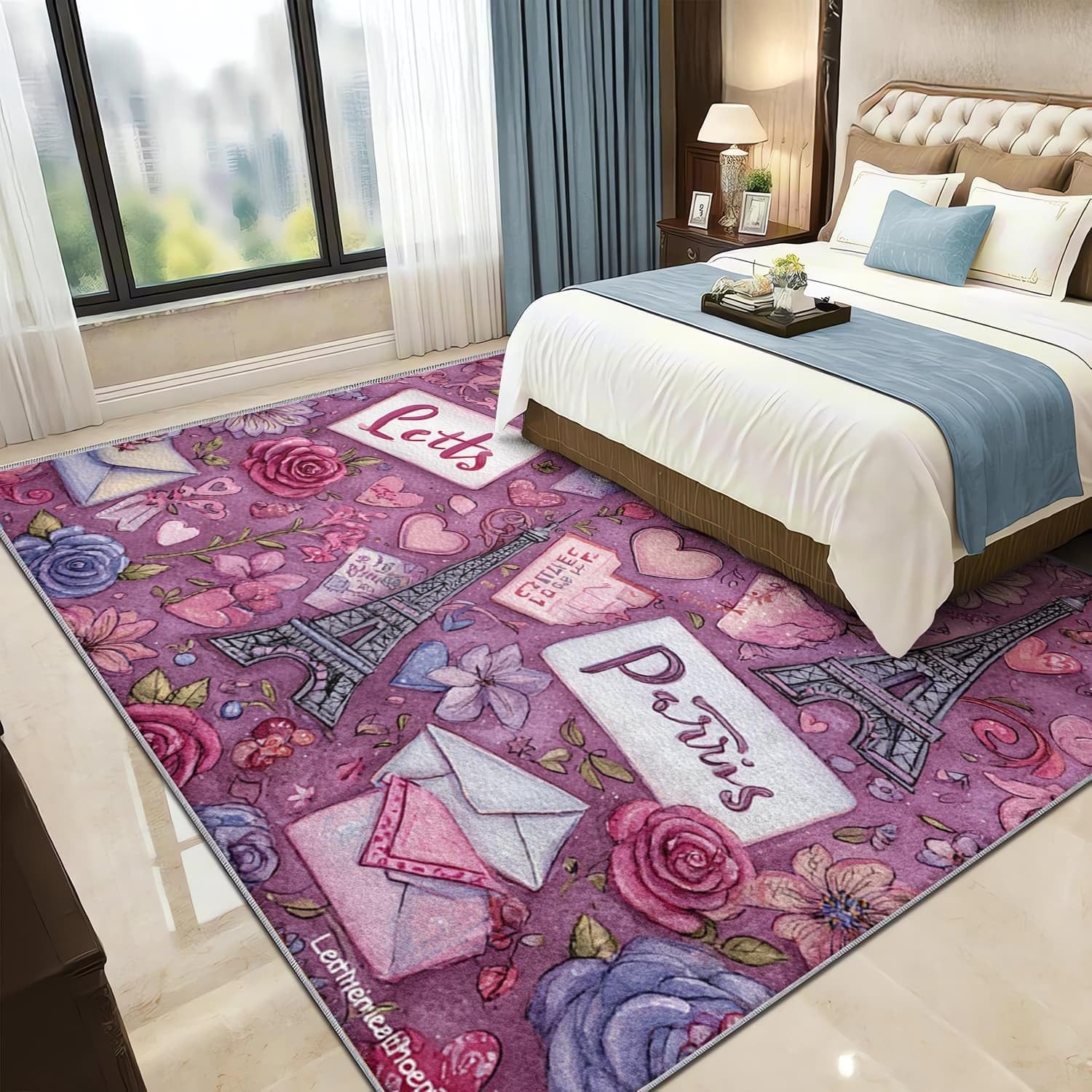Nowoczesny miękki dywan do salonu 160 x 230 cm paryski romantyczny motyw antypoślizgowy spód, nadaje się do prania do 30 stopni, wejście wewnętrzne, fioletowe dywaniki do dużych rozmiarów