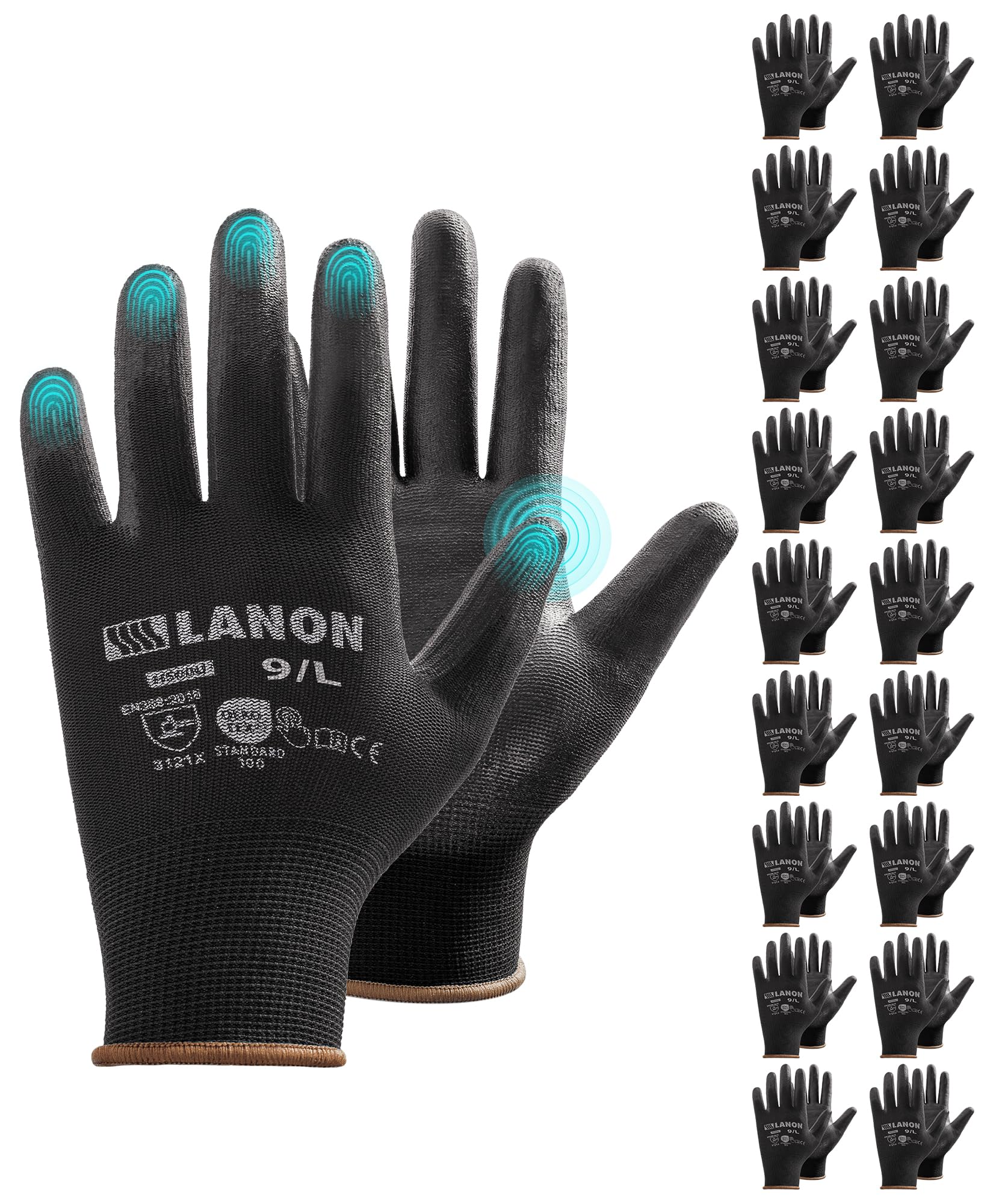 LANON 18 Pairs Black Safety Work Gloves, PU Coated, Full Fingertip Touchscreen Working Gloves for Men and Women, Lightweight, Seamless Knit, Power Grip, EN 388, M/8