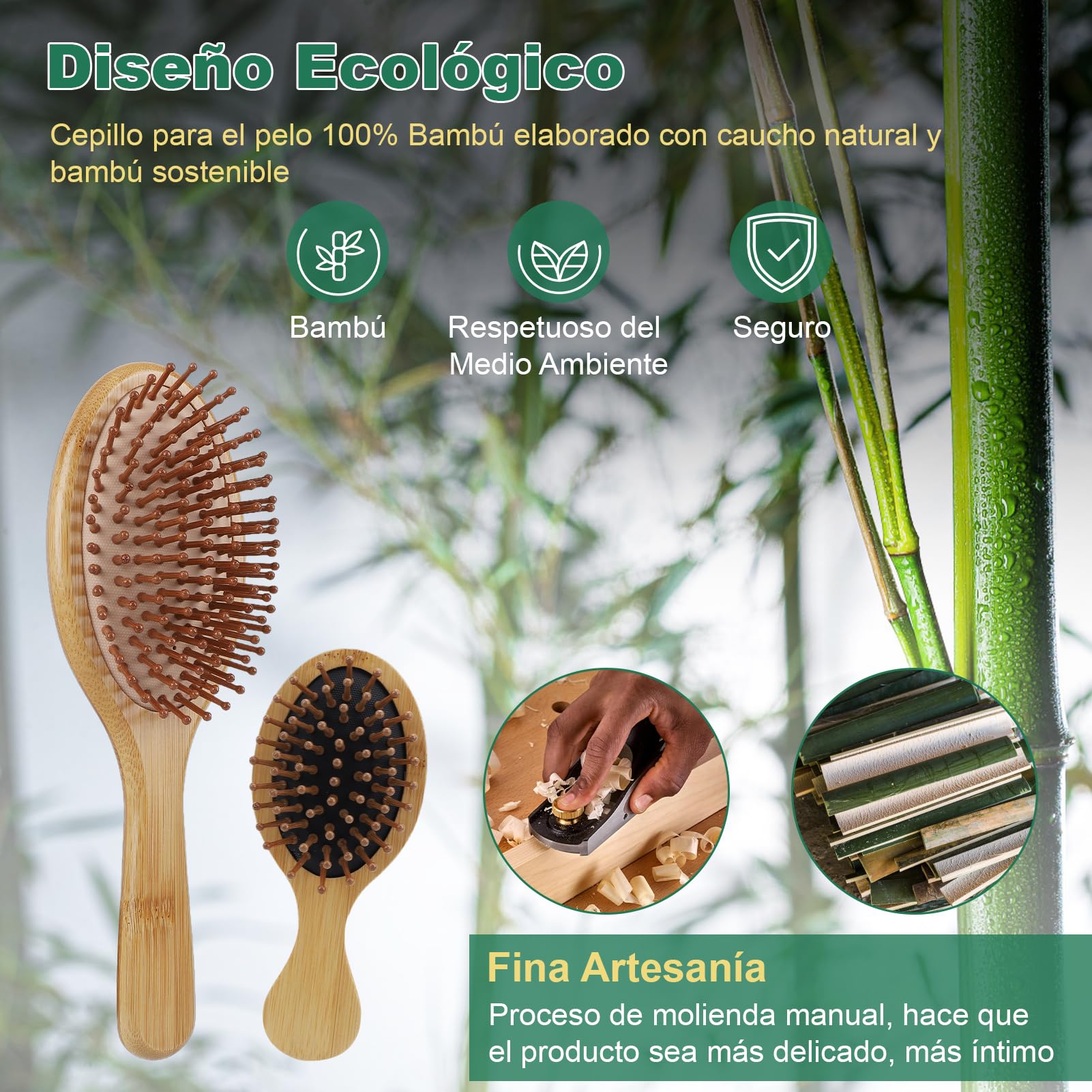 6 Pcs Bamboo Hair Brush,Bamboos Comb Set,Bamboo Hairbrush Set of 3 Air Cushion Brushes and 3 Combs Antistatic,Natural Bamboos Hairbrush Set for Enhance Shine,Massage Scalp Improve Tangles - Image 2