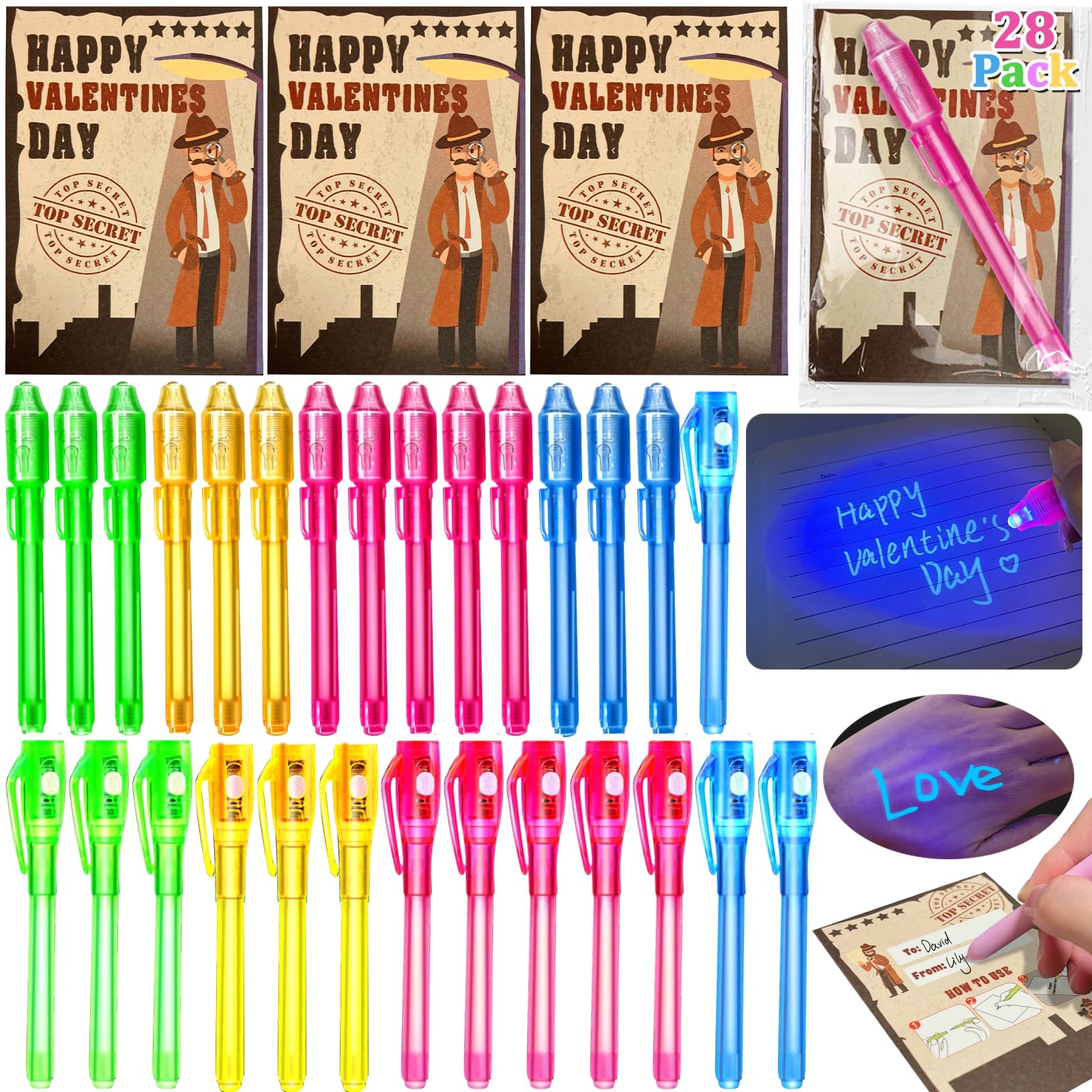 28 Pack Valentines Day Gifts for Kids 4-8 8-12 Invisible Ink Pen with Valentines Day Cards for Kids School Classroom Gifts,Valentines Party Favors Spy