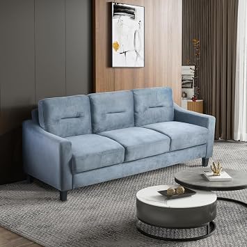 KEIKI 77 Mid Century Velvet Upholstered Sofa with Armrest, 3-Seater Modern Couches for Living Room, Apartment, Bedroom, Office, Gray Blue