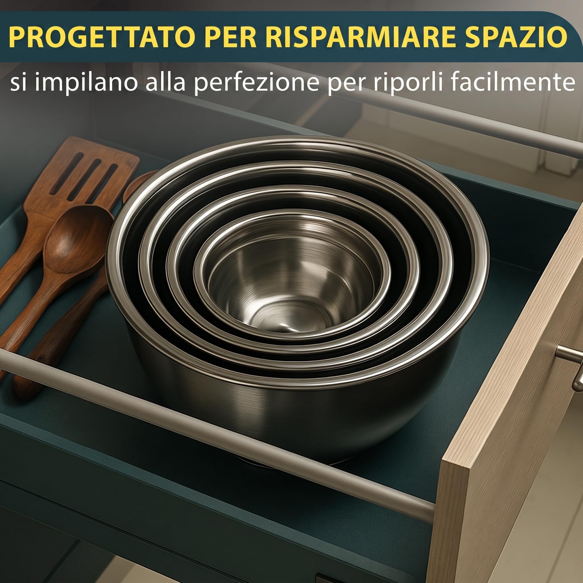 Baker's Signature Set di 5 ciotole in acciaio inox con coperchio, set di 5 ciotole per mescolare alimenti, cottura e servire, lavabili in lavastoviglie e adatte al microonde, 0,5/1,5/3/4/5 Qt