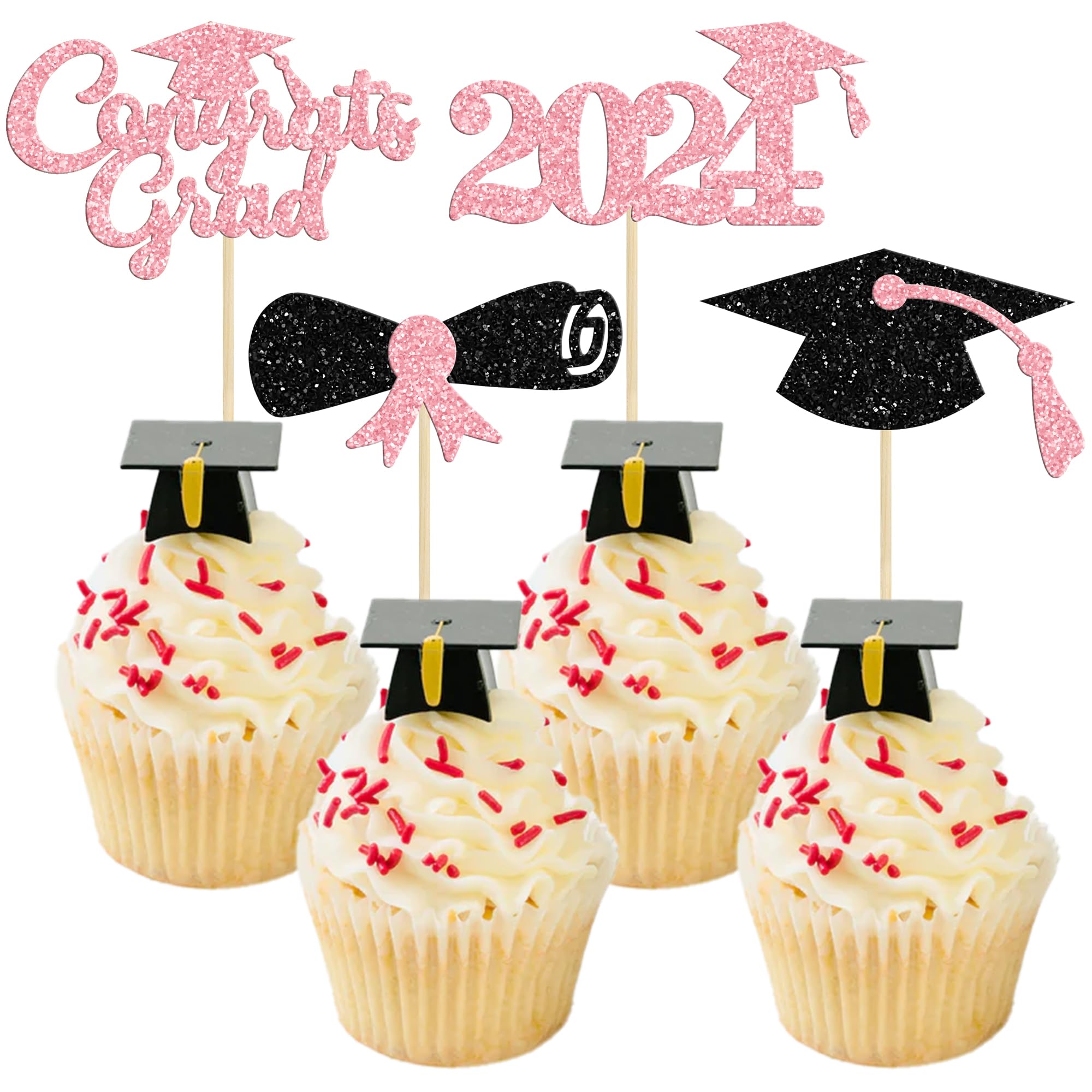 Gyufise 24Pcs 2026 Graduation Theme Cupcake Toppers Glitter Class of 2026 Diploma Graduation Cap Cupcake Picks 2026 Graduation Theme Party Cake Decorations Supplies Pink