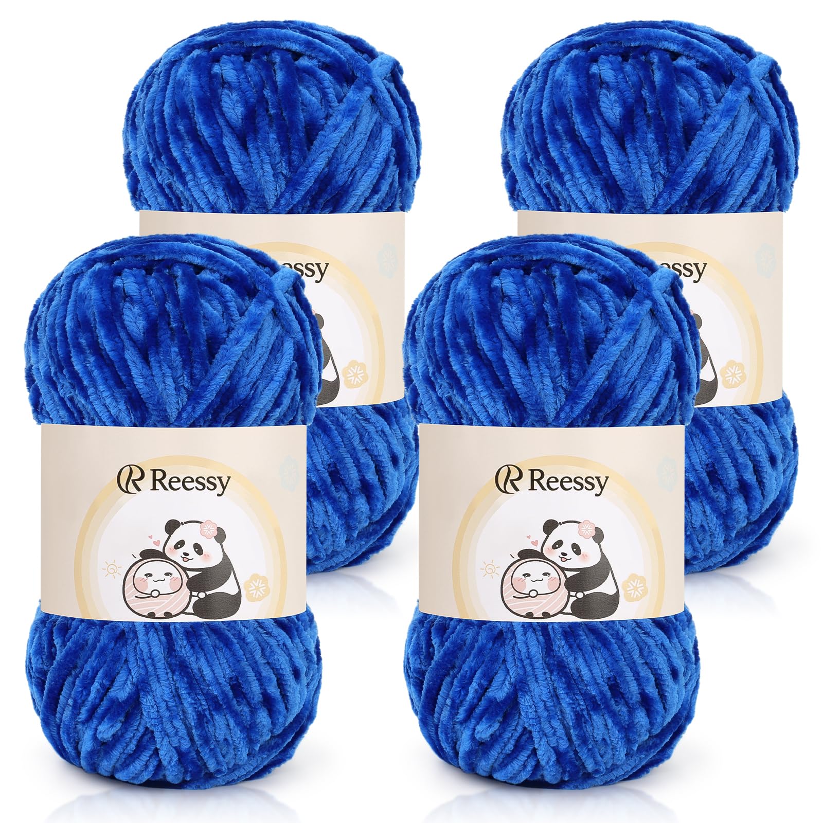 Reessy Chenille Yarn, 4 × 100g Soft Chunky Wool Set, Chunky Chenille Yarn for Crochet, Plush Velvet Fluffy Yarns Thick Knitting Wool for Crcochet Blanket, Handbag, DIY Amigurumi(Royal Blue)