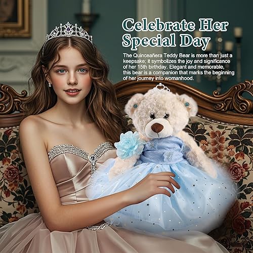 Miniatura 4 de Muñeca de quinceañera con vestido de membrillo con vestido, decoraciones de quinceañera para regalos de niñas, OSO de peluche para 15 años con