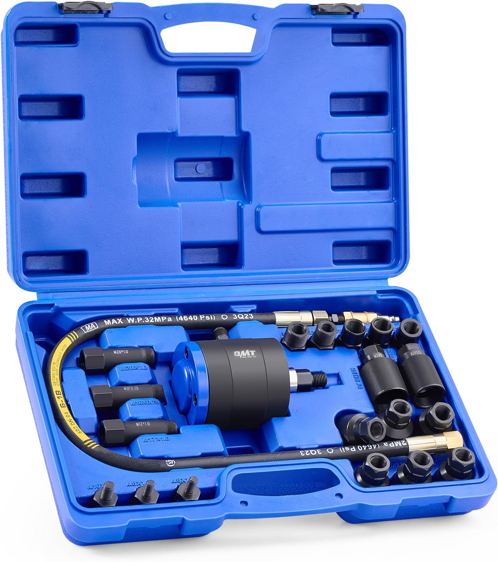 Orion Motor Tech Pneumatic Injector Puller Set for Diesel Engines, 23pc 5-8 Bar Air Vibration Injector Removal Tool Kit with Extractor Hammer, 19 Adapters, Extension Hose, and EU US Connectors