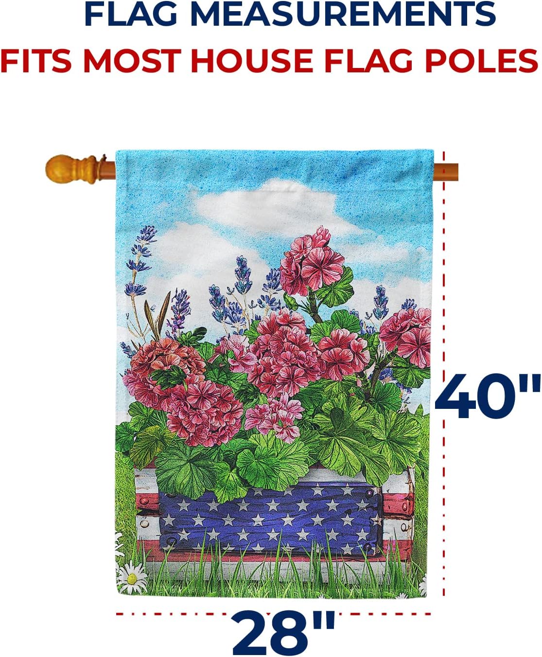 America Forever Patriotic Geraniums Floral House Flag 28 x 40 inch 4th of July Stars and Stripes Red Flowers Yard Outdoor Decorative Geranium Welcome Flag