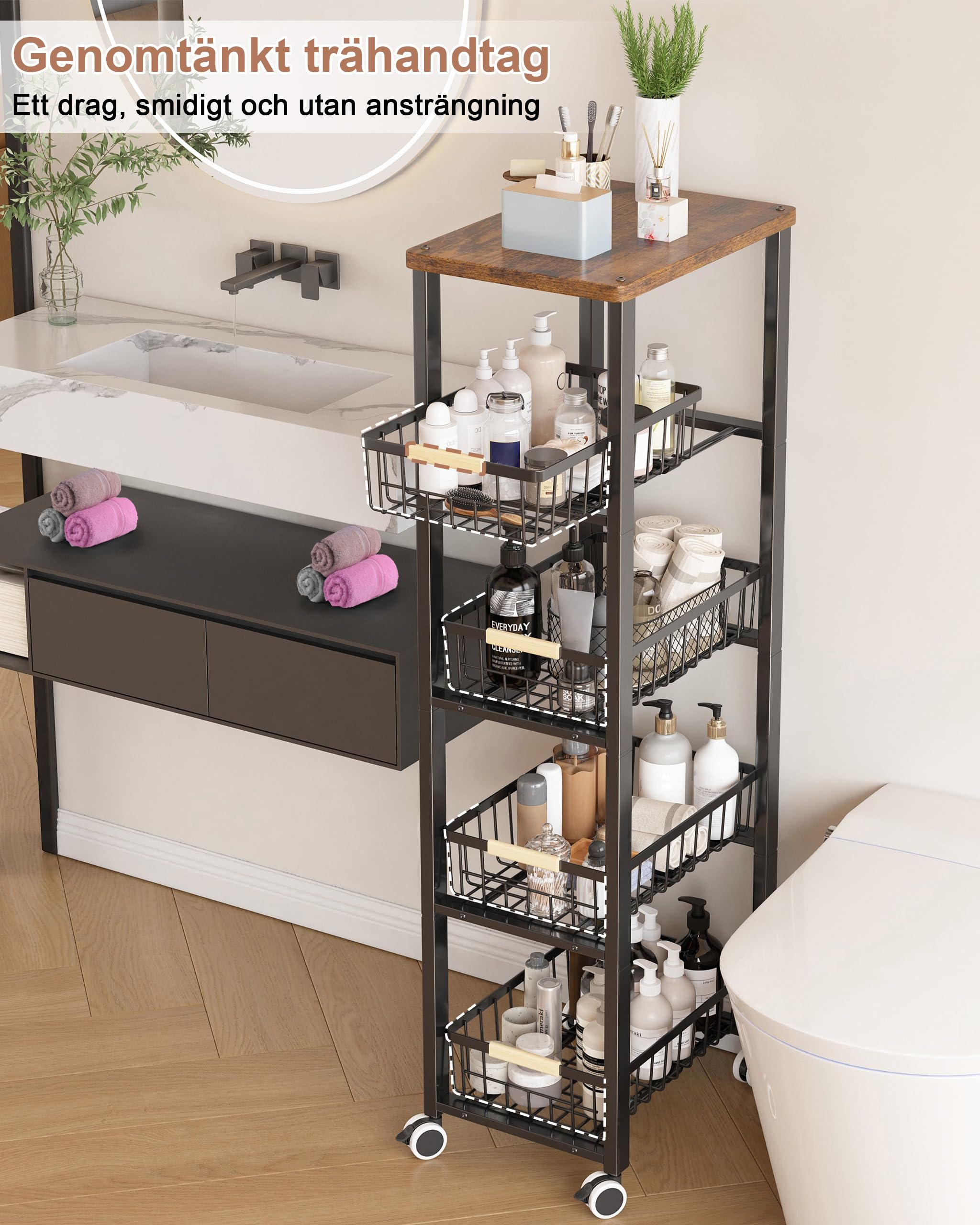 Verdulero Cocina con Ruedas,Carrito de Cocina con Ruedas 5 Niveles,Verdulero Cocina de Placa Superior, Negro
