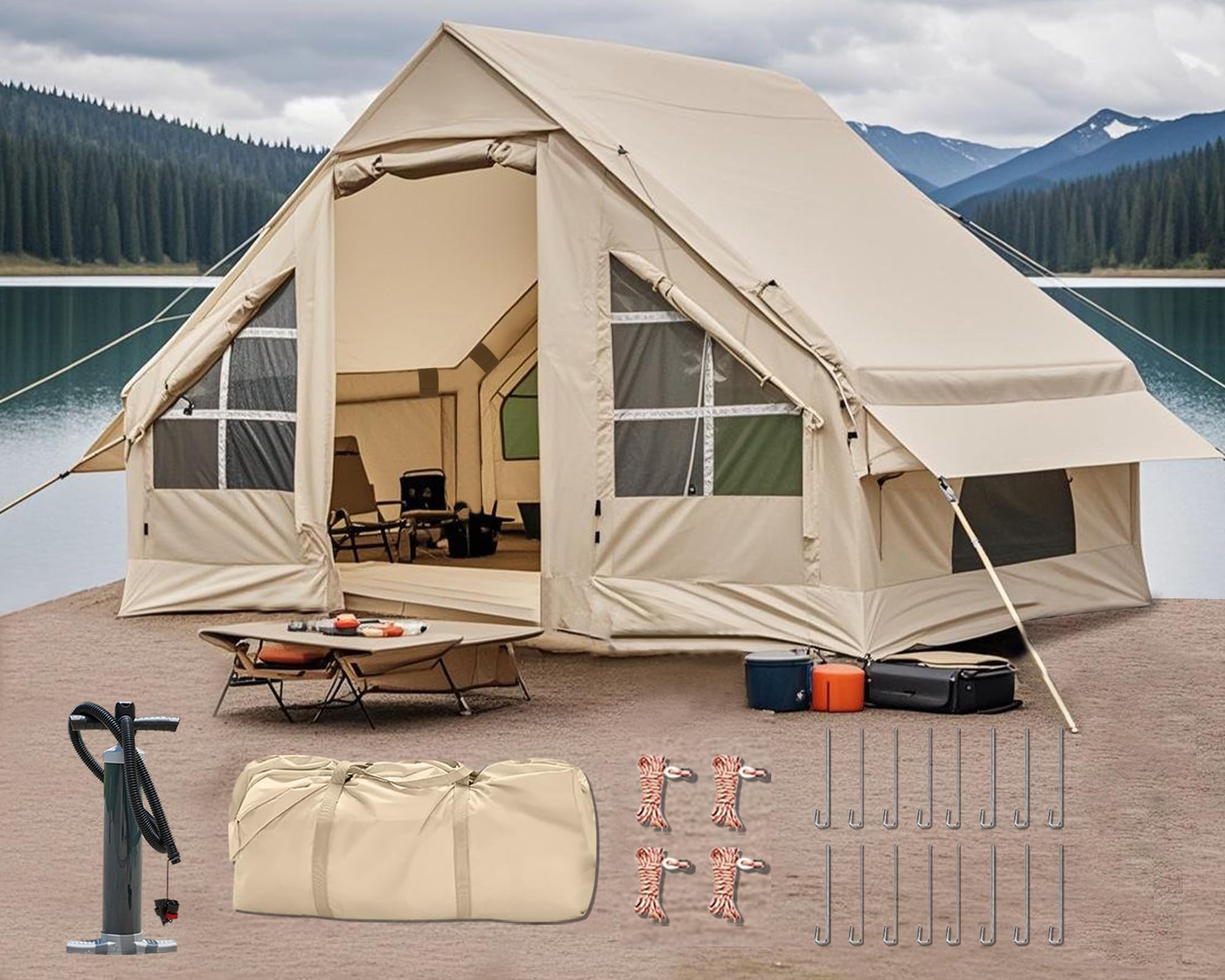 Tienda de campaña inflable para 2/4/6/8 personas, tiendas de campaña inflables para camping, actualización 2025, puerta con cremallera, fácil instalación, tienda de campaña inflable con mosquitera y