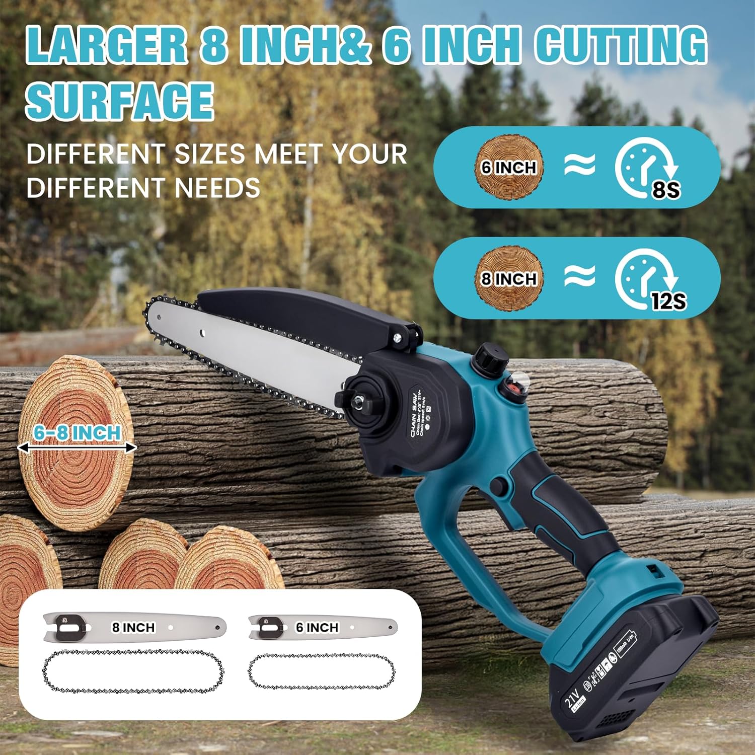 21V Cordless 2-in-1 Mini Chainsaw Combo, 8″& 6″ Guide Bar Chains, Battery Powered Tree Trimmer, Protective Handle, Auto-Oil System, Includes Case & Safety Kit (blue, pole saw)