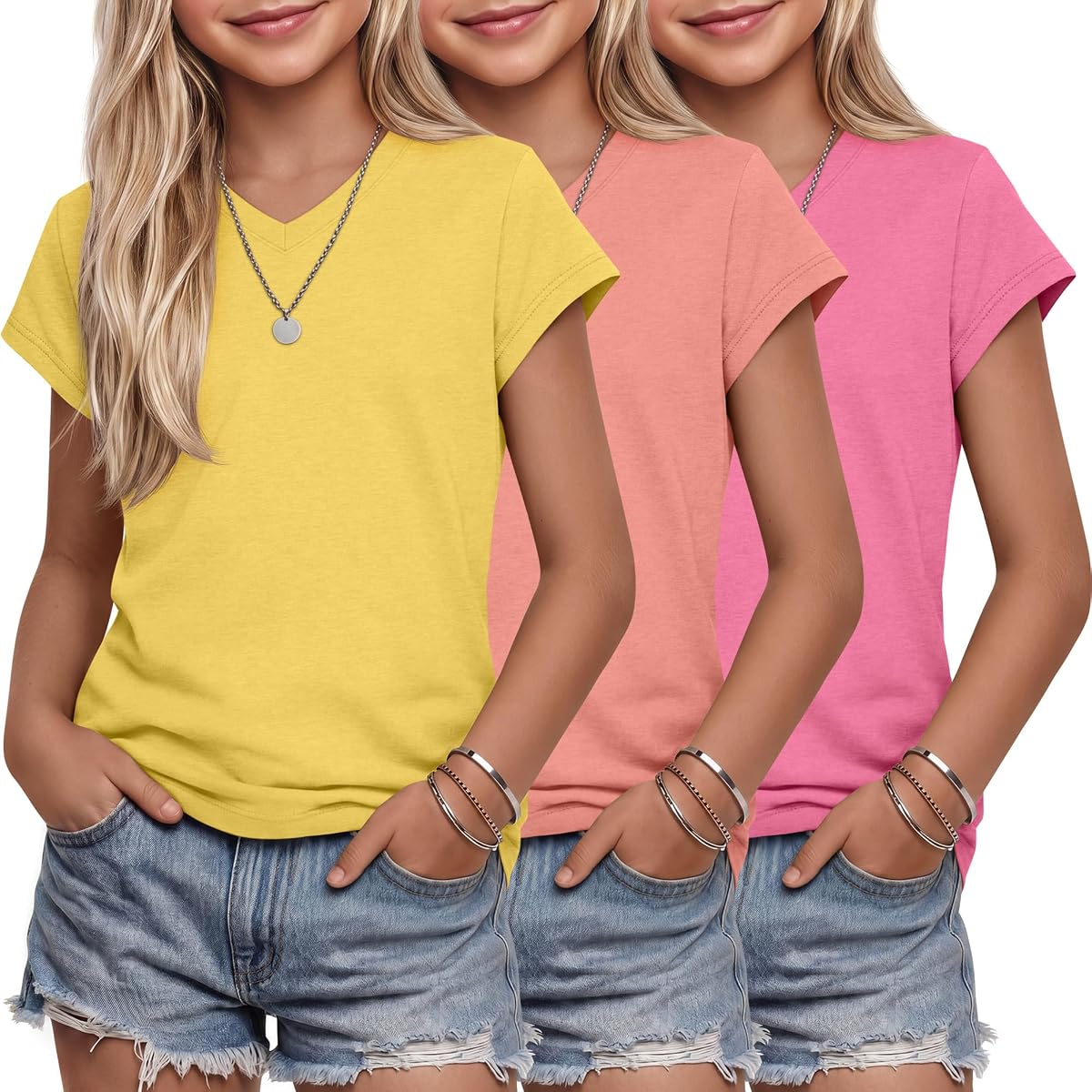Paquete de 3 camisetas con mangas japonesas para niñas | Manga corta, cuello en V, ajuste holgado, camisas de verano, camisetas básicas para niños, ropa para niñas, 5-14 años
