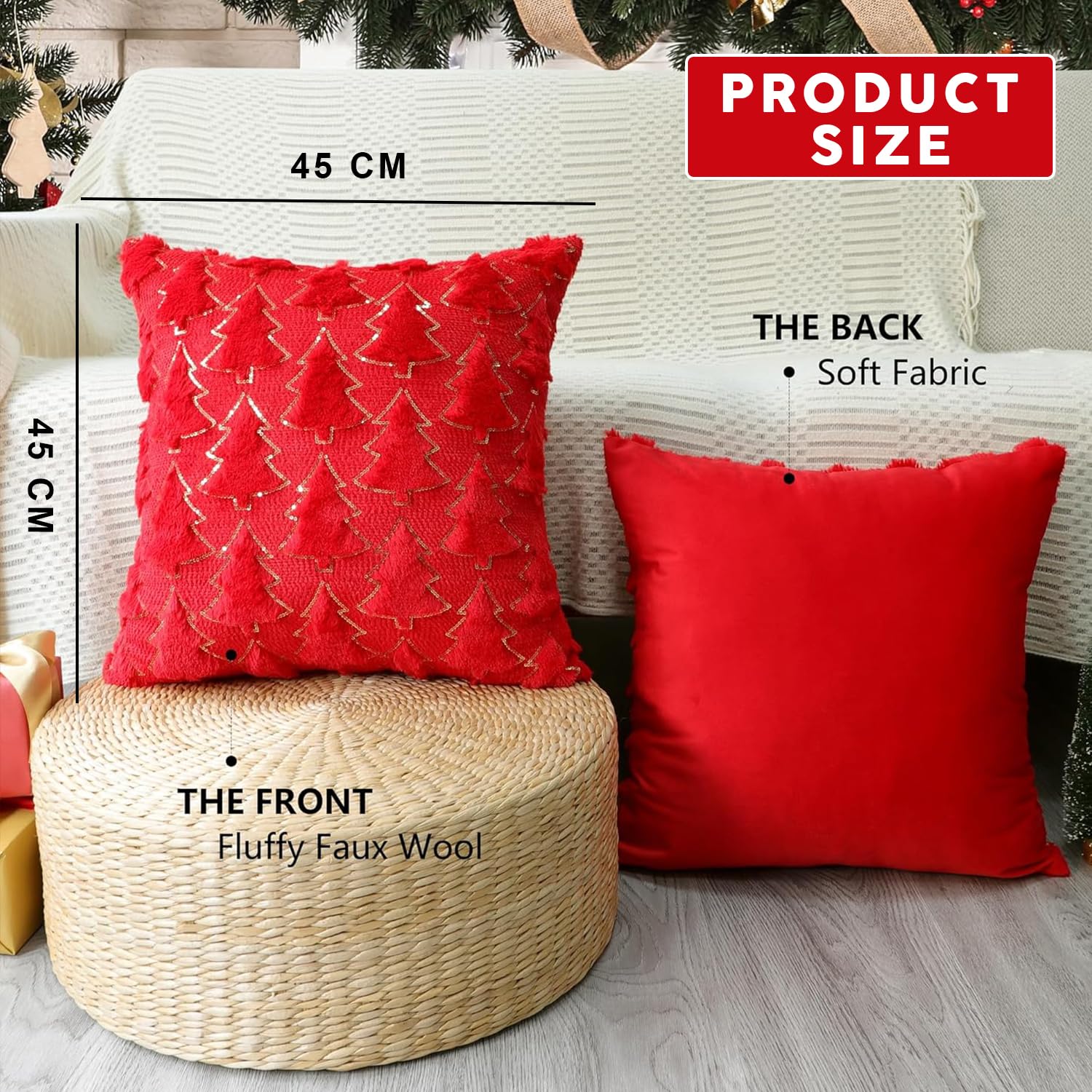 ALINK Kissenbezüge Weihnachten 2er Set 45x45 cm, Rote Plüsch-Tannenbäume | Samtig-weiche Dekokissenhüllen mit goldfarbenen Details als gemütliche Weihnachtsdeko für Wohnzimmer, Couch, Sessel und Bett