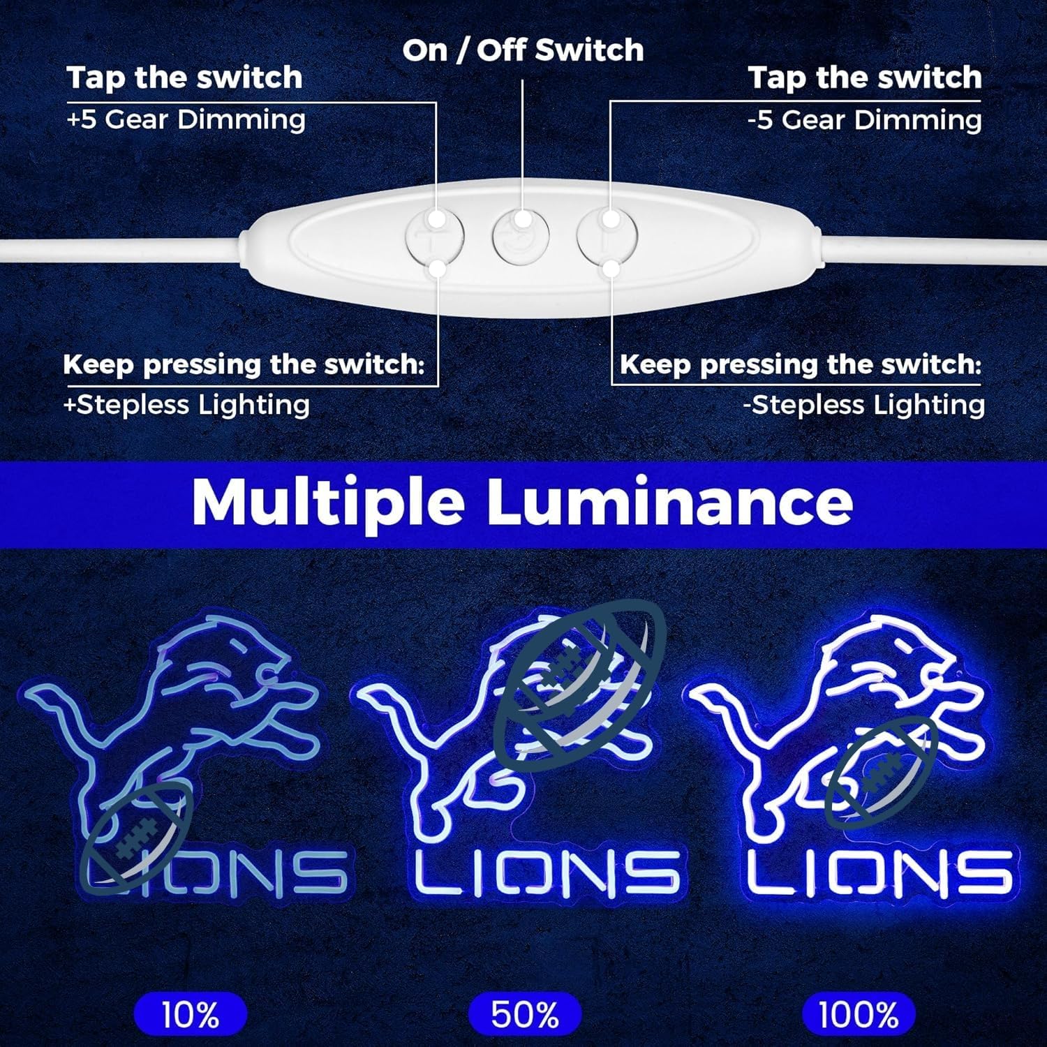 Football Team Neon Sign, Cool Dimmable Light Up Lions Football Team Merch Logo Hanging USB Powered for Wall Decor, Man Cave, Bedroom, Game Room Deco, Birthday Christmas Gift for Boys Fans (Lyons)
