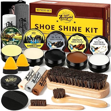 Shoe Shine Kit –16-in-1 Leather Shoe Polish Kit with Saddle Soap,Mink Oil,Black/Brown/Neutral Shoe Polish,Horsehair Brushes,Leather Boot Polish,Cleaning & Conditioning–Gift for Men & Women & Cowboy