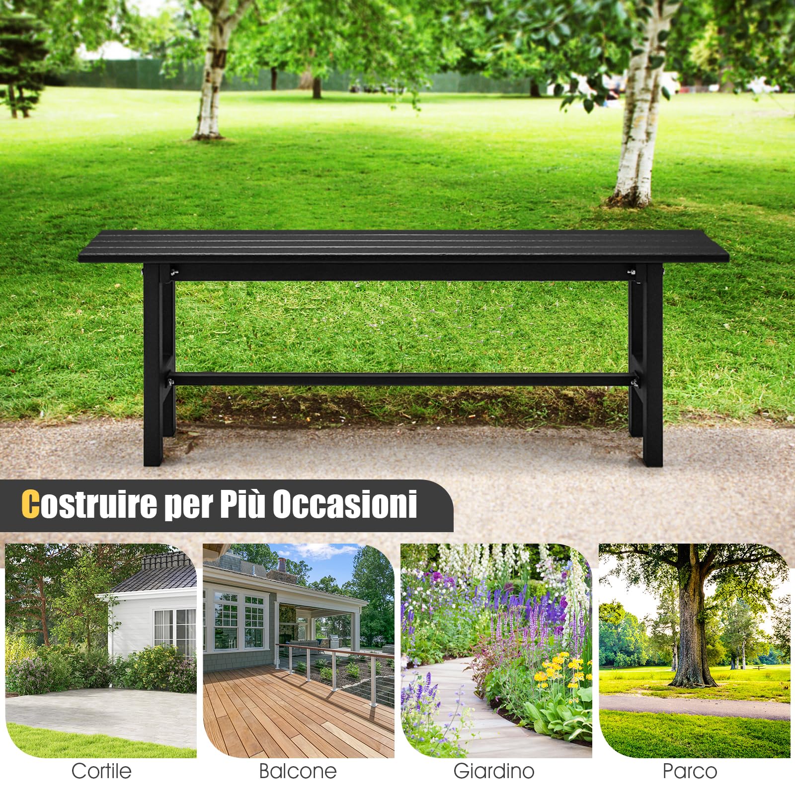 COSTWAY Panchina da Esterno con Sedile HDPE, Panca da Giardino con Telaio in Metallo Verniciato a Polvere, Panchina da Giardino, Parco e Balcone, Portata 300 kg, 120 x 36 x 40,5 cm (Black)