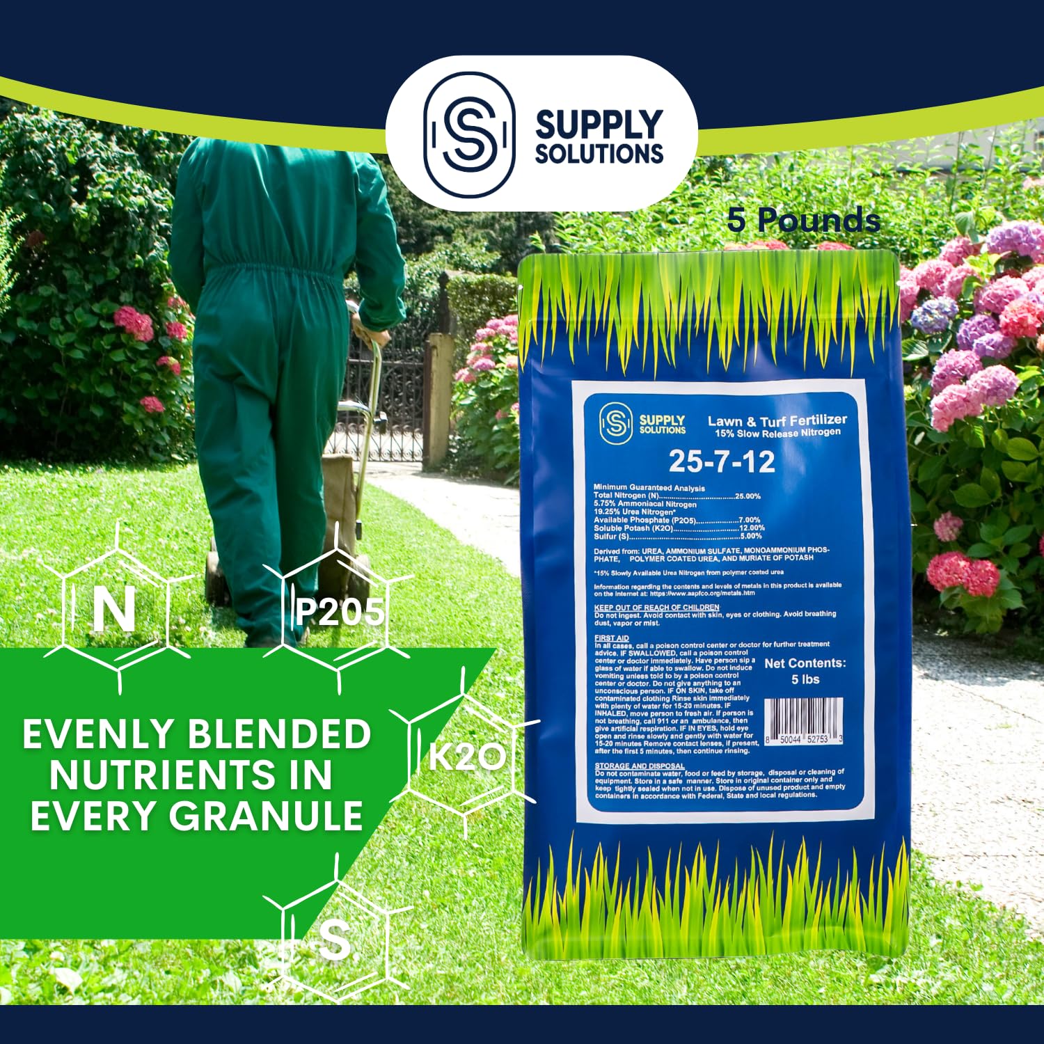 Supply Solutions 25-7-12 Lawn and Turf Fertilizer - 15% Slow Release Nitrogen Lawn Fertilizer for All Grass Types, Shrubs - Turf Builder Plant Food Covers 1,250 sq.ft (5lbs)