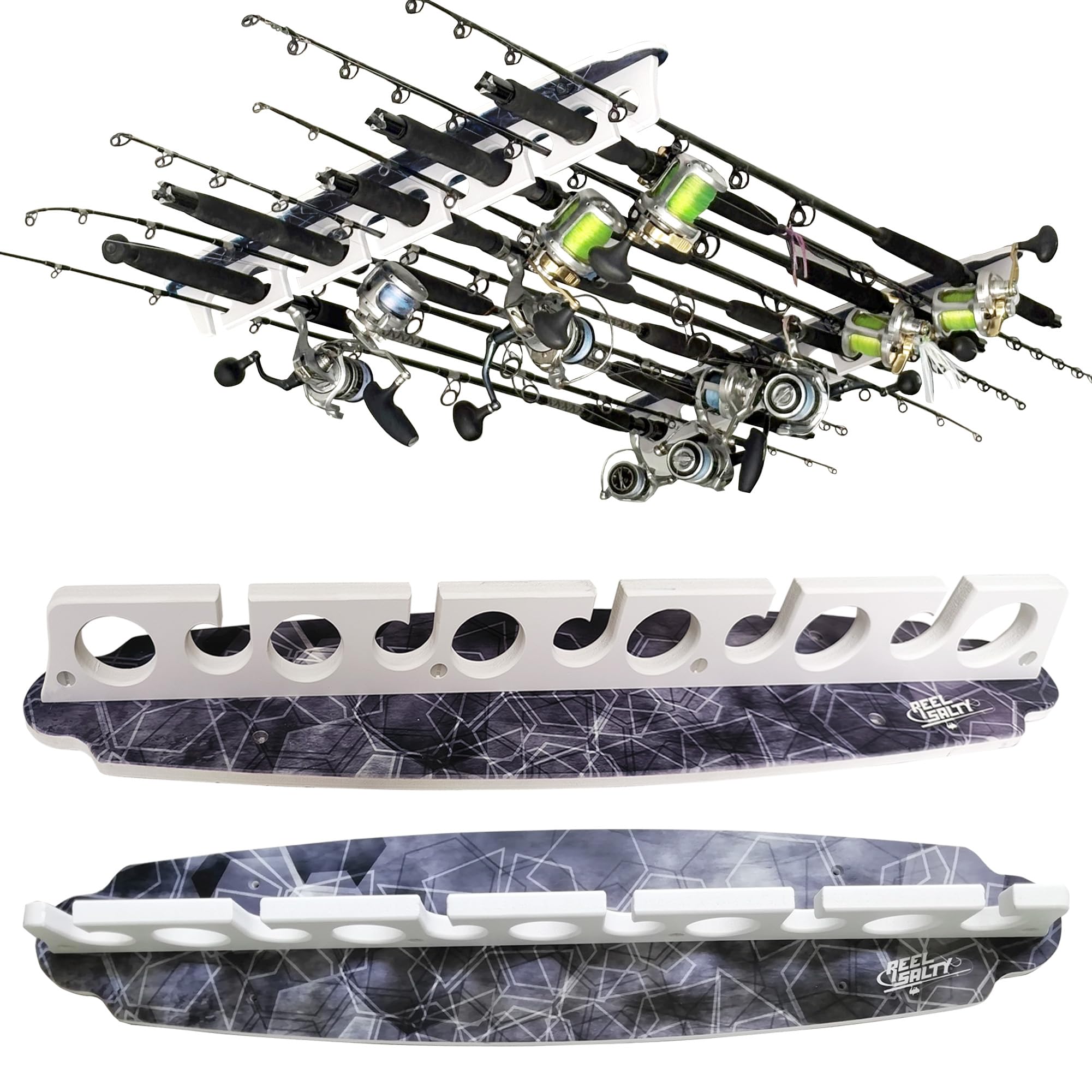 Rush Creek Creations Reel Salty Waterproof Offshore/Inshore Fishing Rod Holder for 11 Saltwater Poles + Gear & Accessories Perfect for Garage & Wall