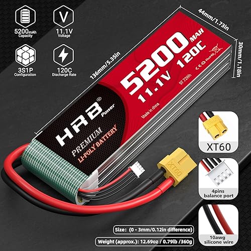 Miniatura 2 de HRB 3S 5200mAh 120C XT60 Lipo Batería 11.1V Compatible con RC Car Airplane Boat Truck (2 paquetes)