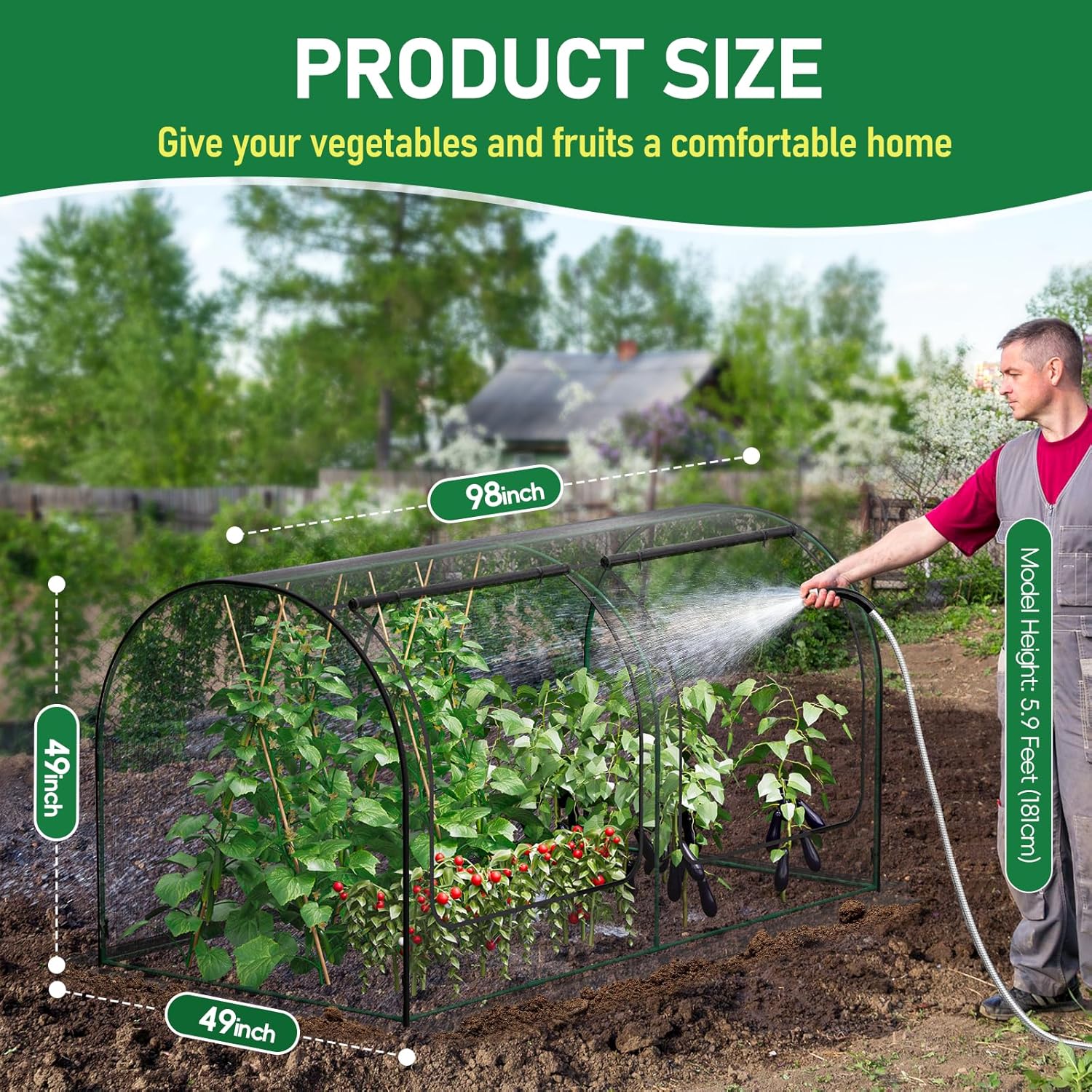 SPECILITE 98x49x49in Garden Plant Netting Mesh Cover for Raised Bed with Roll-up Zipper Door for Vegetables Fruits, Large Tunnel Gardening Net, Black