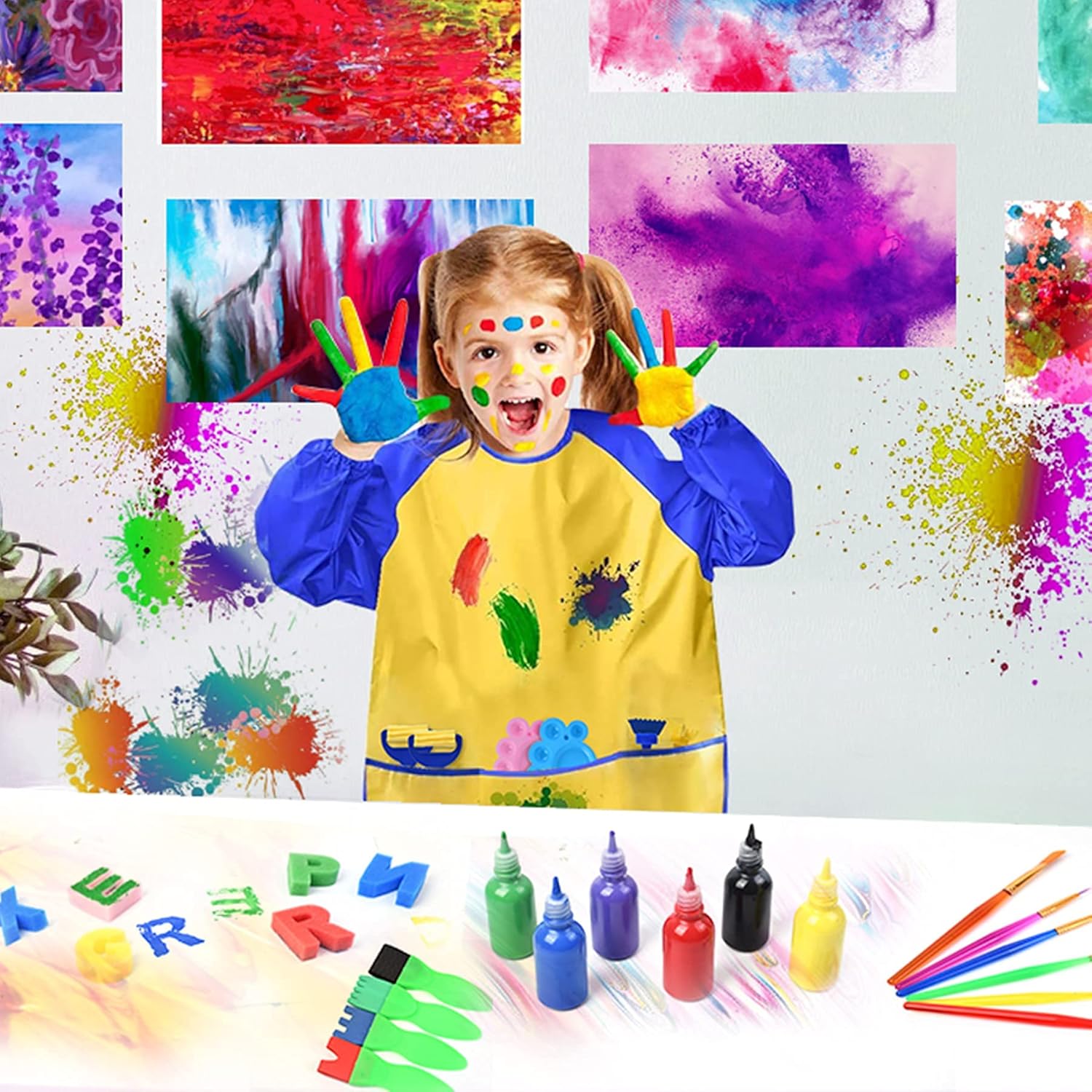 Kids Paint Set, Blablaovy 76 Pcs Washable Finger Paint Set with Assorted Painting Brushes Sponges Smock Palette Paper for Early Learning Kids Toddlers Drawing Gifts Age 3+ : Toys & Games