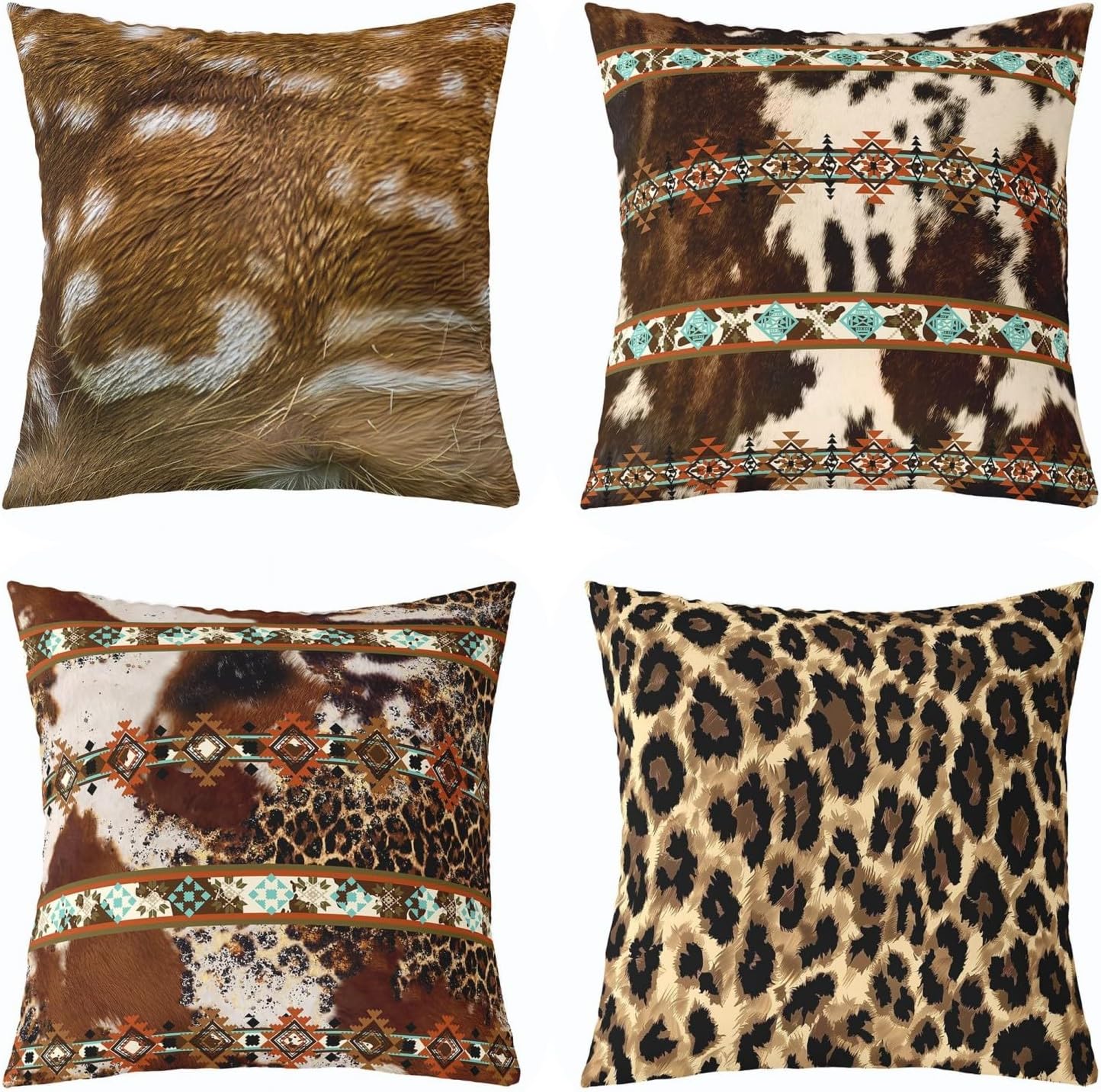 Erosebridal Set of 4 Leopard Print Throw Pillow Covers Western Throw Pillows Covers,Cowhide 18 x 18 Pillow Insert Animal Hide Cushion Cases(Inserts Not Included)