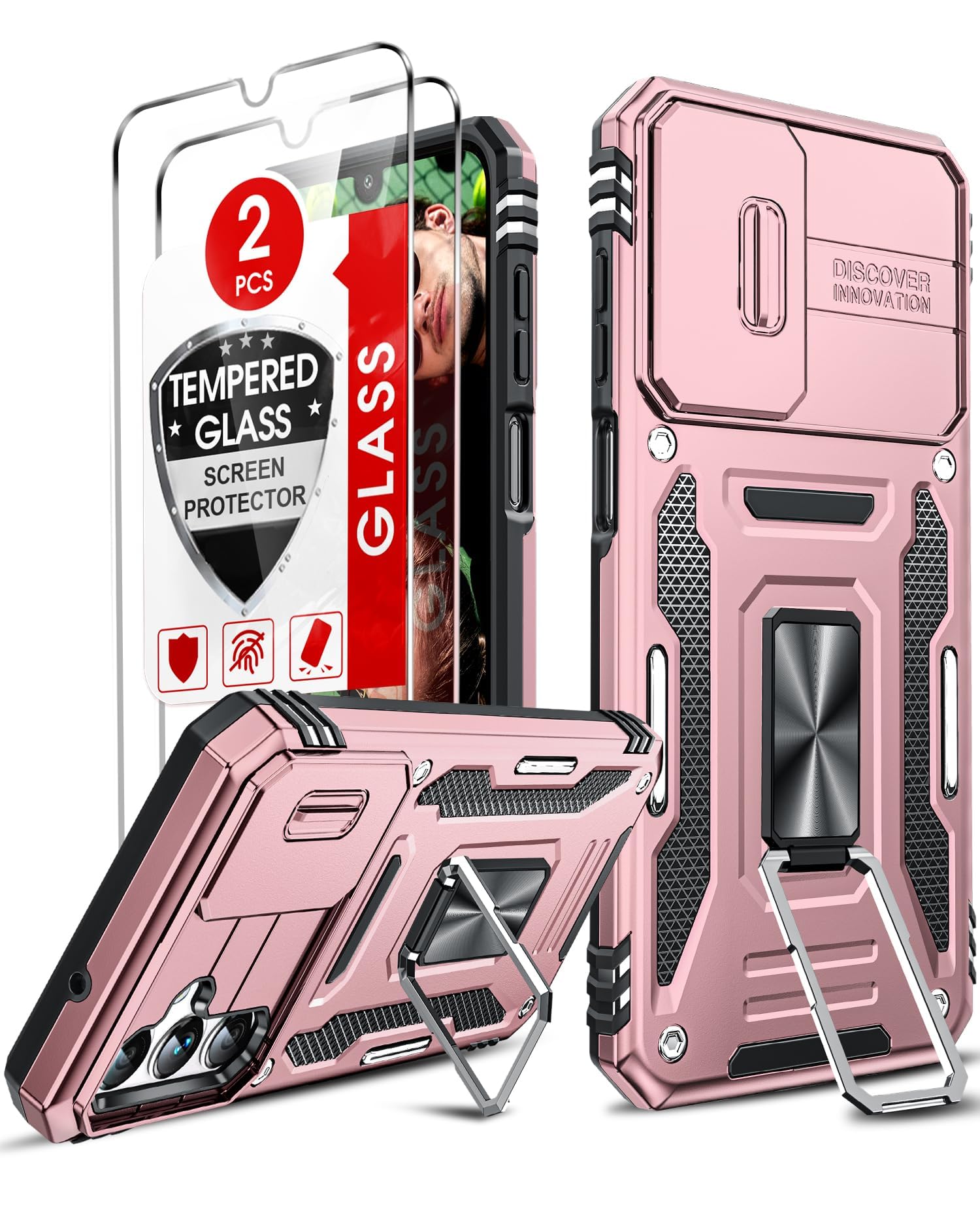 LeYi Compatible for Samsung Galaxy A14 5G Phone Case: Galaxy 14A 5G Case with 2X Screen Protectors, Slide Camera Cover & Magnetic Ring Stand Fancy Carcasa para Galaxy A14 for Women, Rose Gold