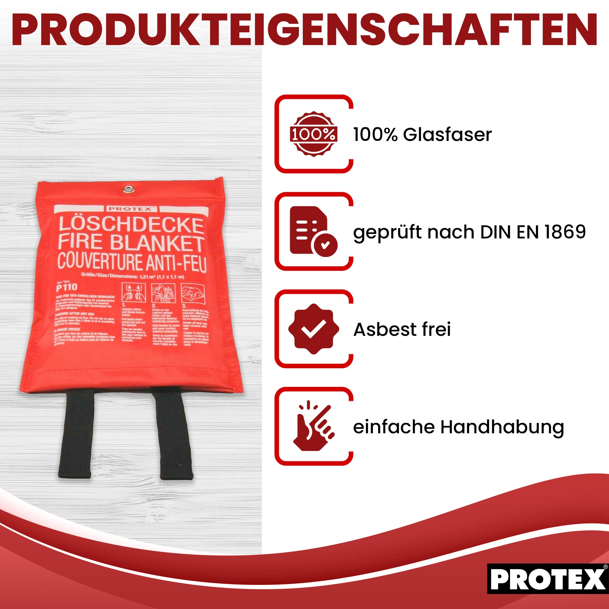 2X Protex Löschdecke 1,10x1,10m DIN EN 1869 Brandschutzdecke Feuerlöschdecke
