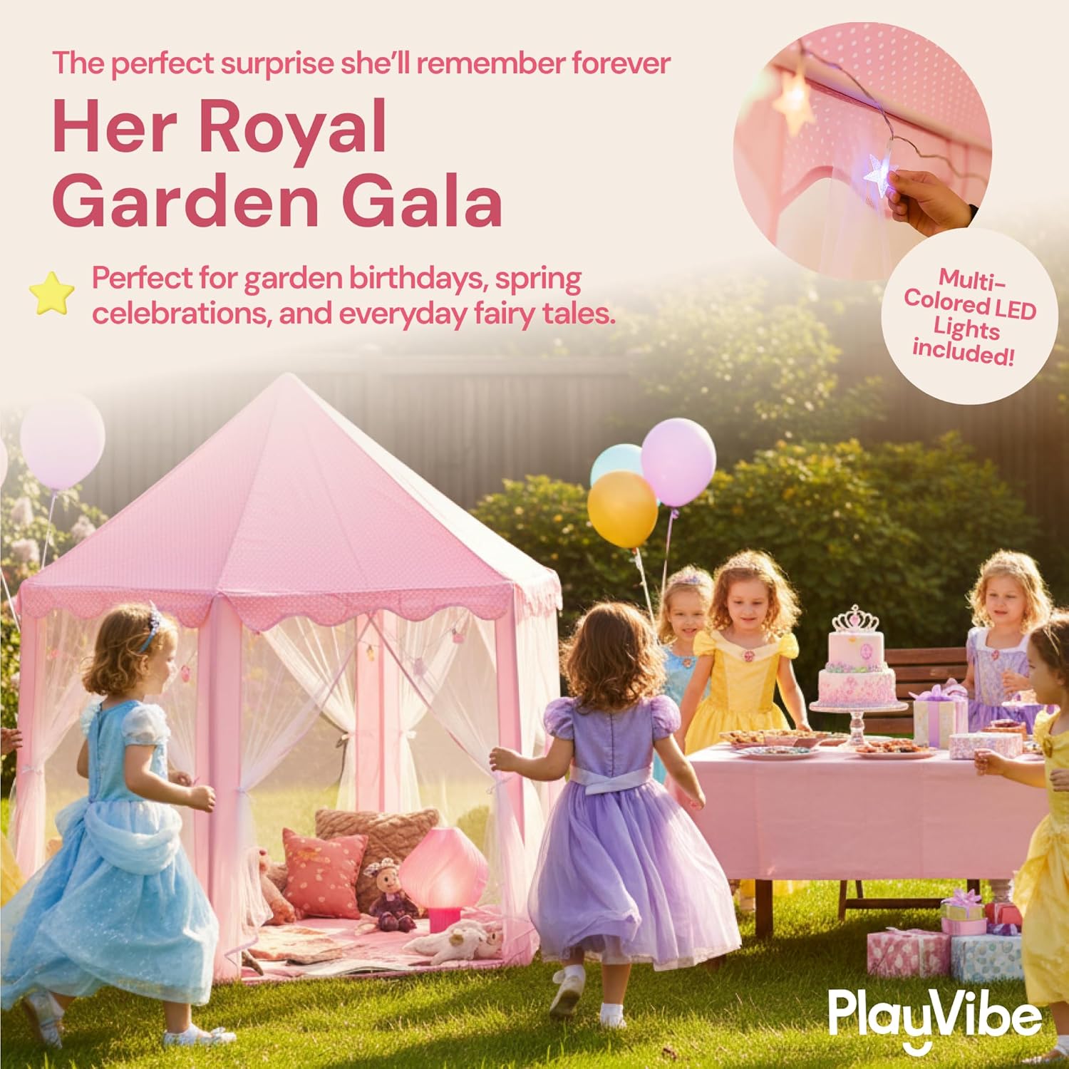 playvibe princess tent - 55 x 53 in, toddler - starry led lights kids tent - cozy indoor playhouse - portable & easy assembly, gift idea for kids & grandkids, busy kids & fun sleepover night