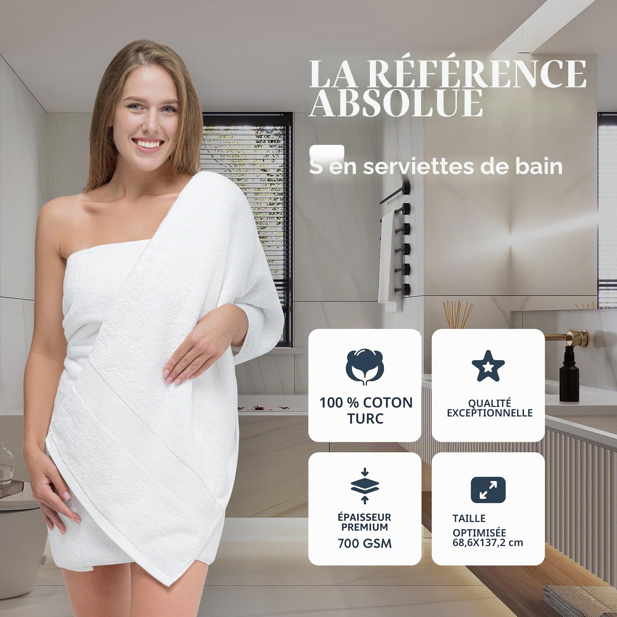 White Classic Lot de 4 Grandes Serviettes de Bain de Luxe de qualité hôtelière - en Coton épais - 700 g/m² - pour Le Corps, Les Cheveux, la Piscine - Blanc - 137 x 68 cm